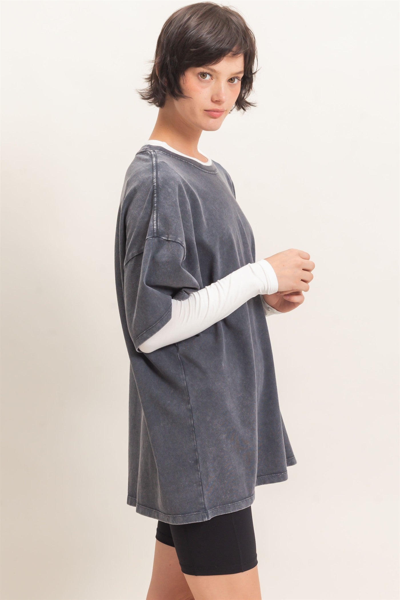 Wholesale Mineral Wash Oversized Crew Neck T-Shirts Clothing Tops DZ26C961 CHARCOAL DOUBLE ZERO