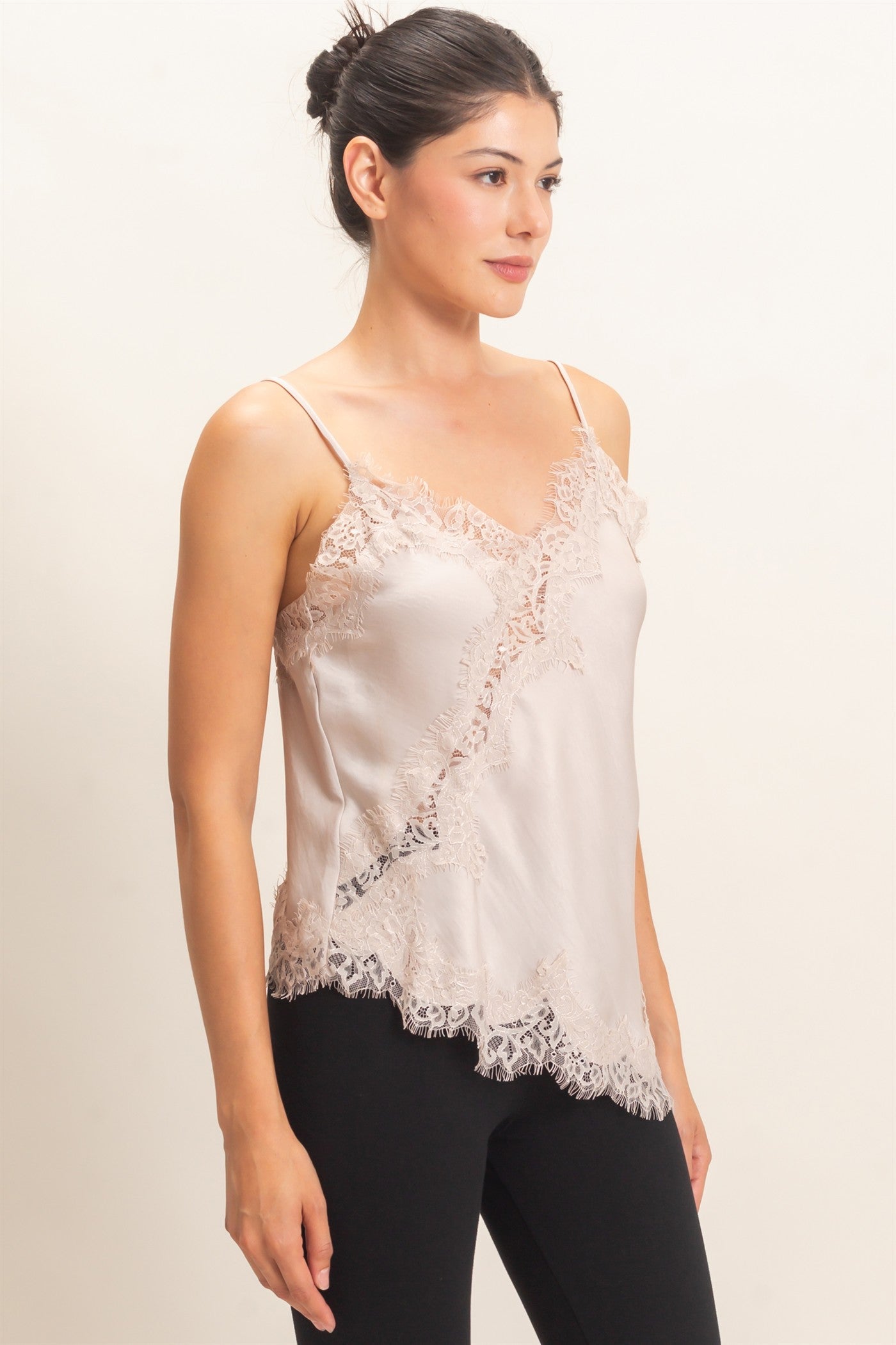 Wholesale Asymmetrical Satin Lace Top Camisoles HF26C945-D CHAMPAGNE BEIGE HYFVE