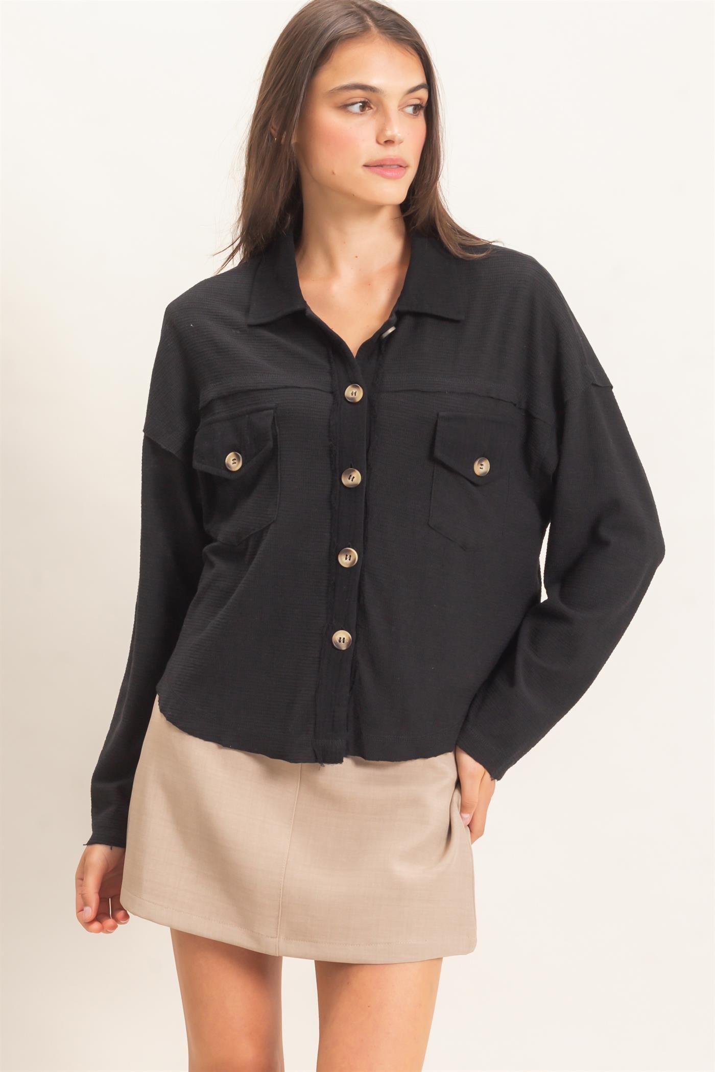 Wholesale Textured Button-Up Shirt Clothing Tops HF26C878 BLACK HYFVE