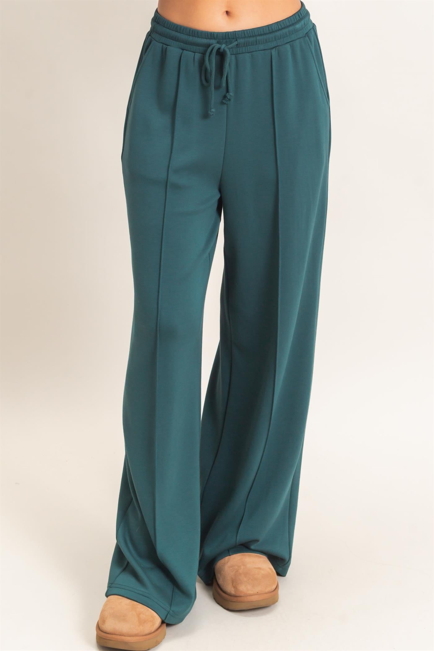 Wholesale Drawstring Waist Pintuck Wide Leg Pants Pants DZ26E384 DEEP GREEN HYFVE