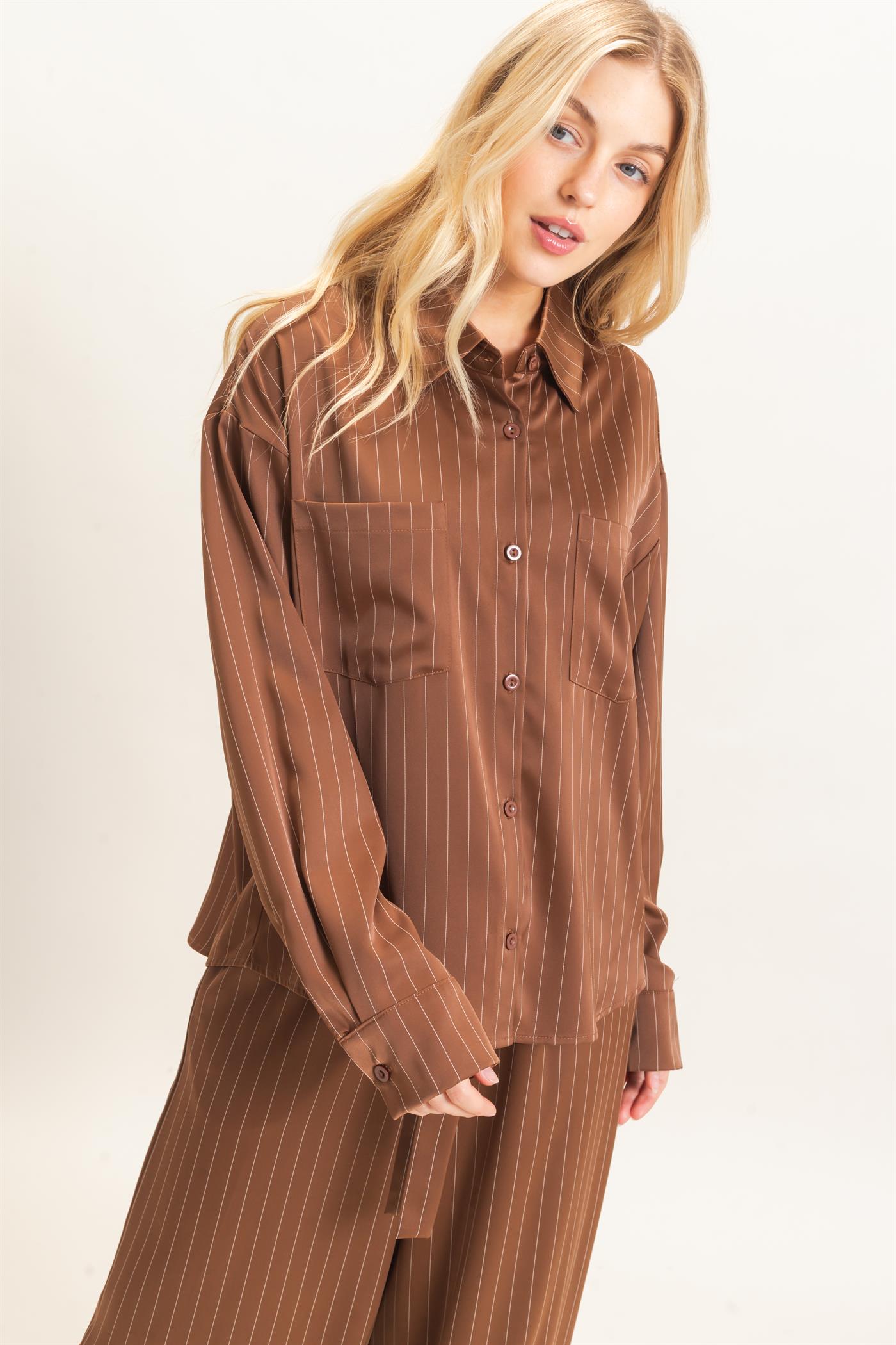 Wholesale Striped Button-Up Blouse Blouses HF26C953 CHOCOLATE HYFVE