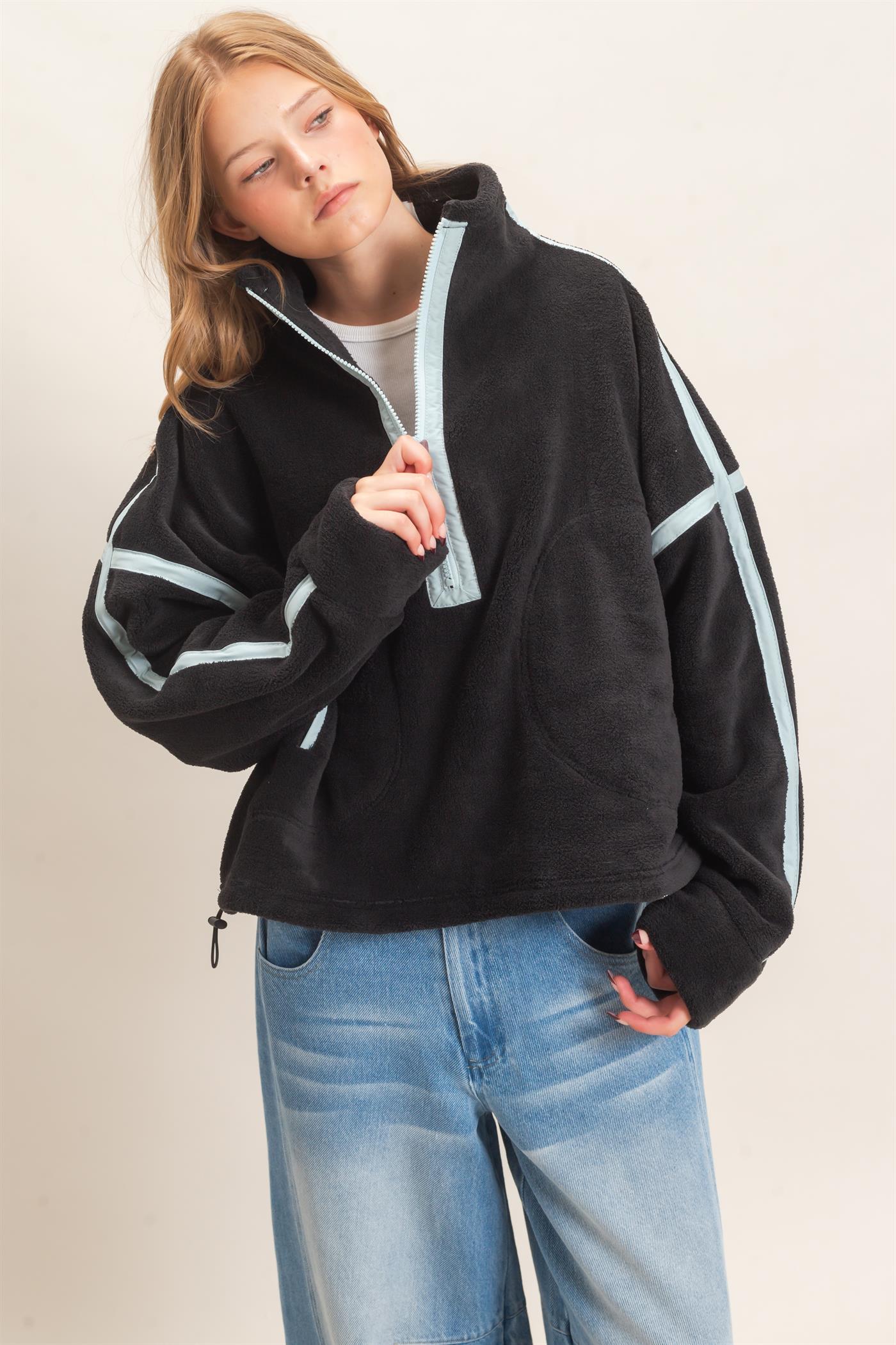 Wholesale Contrast Trim Half-Zip Fleece Pullover Outerwear HF26F206-D BLACK HYFVE