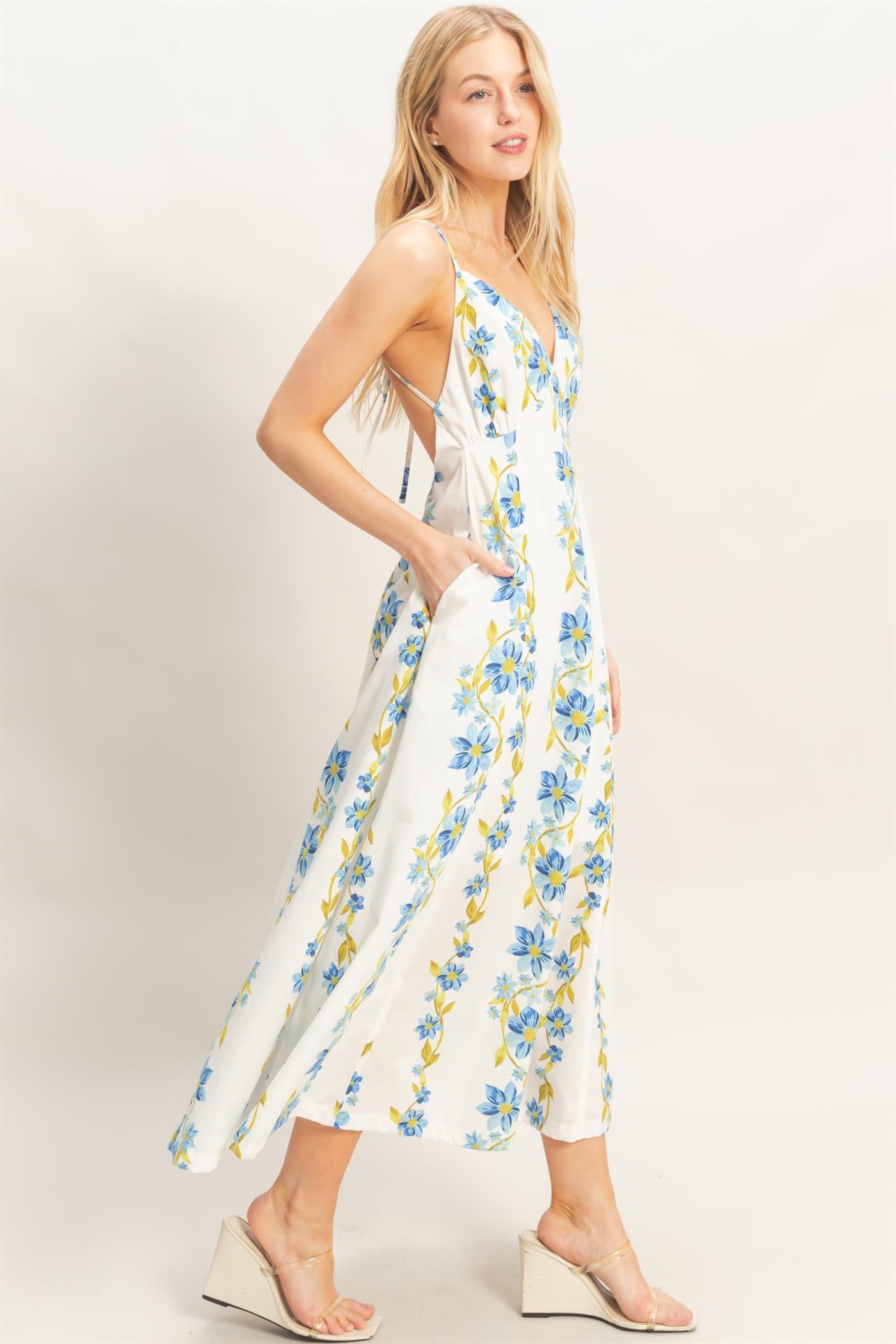 Wholesale Floral V-Neck Cami Dress Dresses HF26A493 BLUE HYFVE