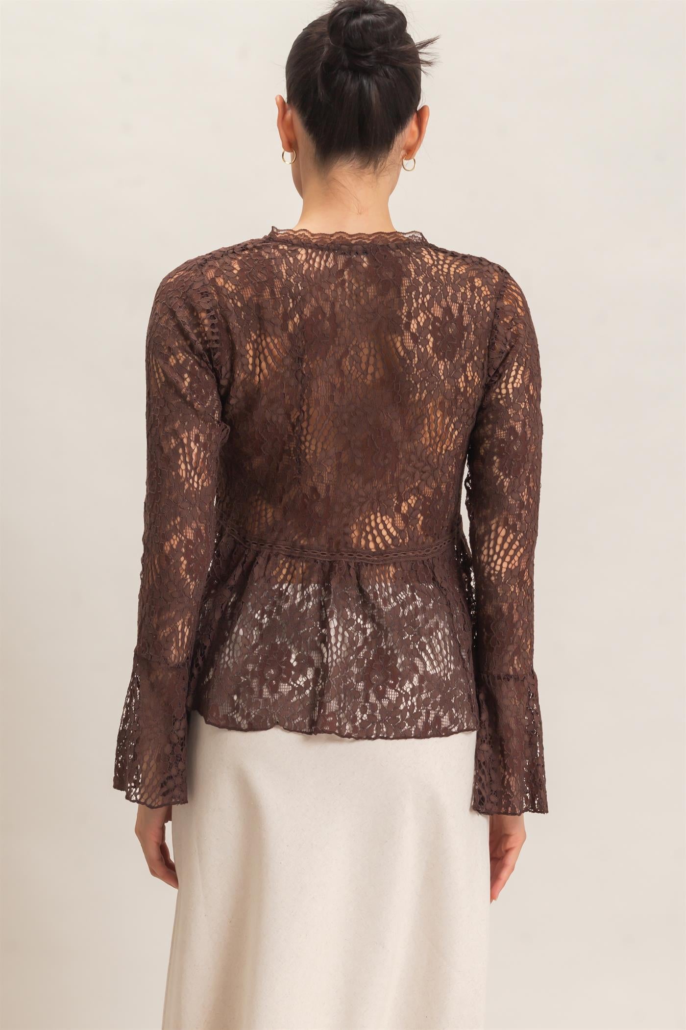 Wholesale Lace V-Neck Peplum Top Clothing Tops HF26E560 BROWN HYFVE