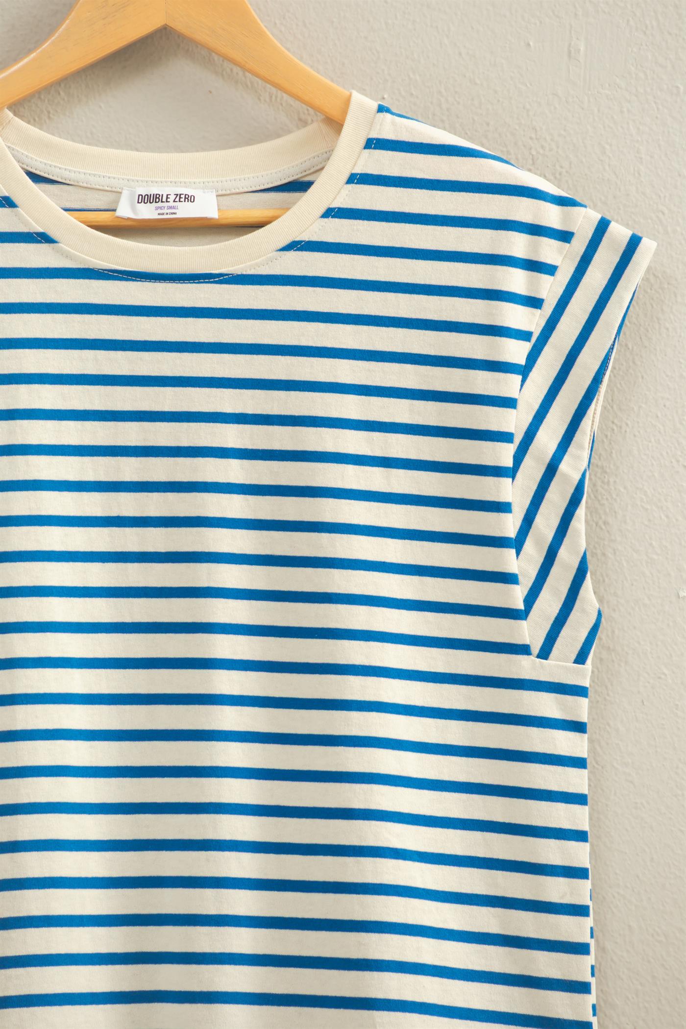 Wholesale Striped Cap Sleeve Relaxed Everyday Tee Clothing Tops DZ26C059 BLUE DOUBLE ZERO