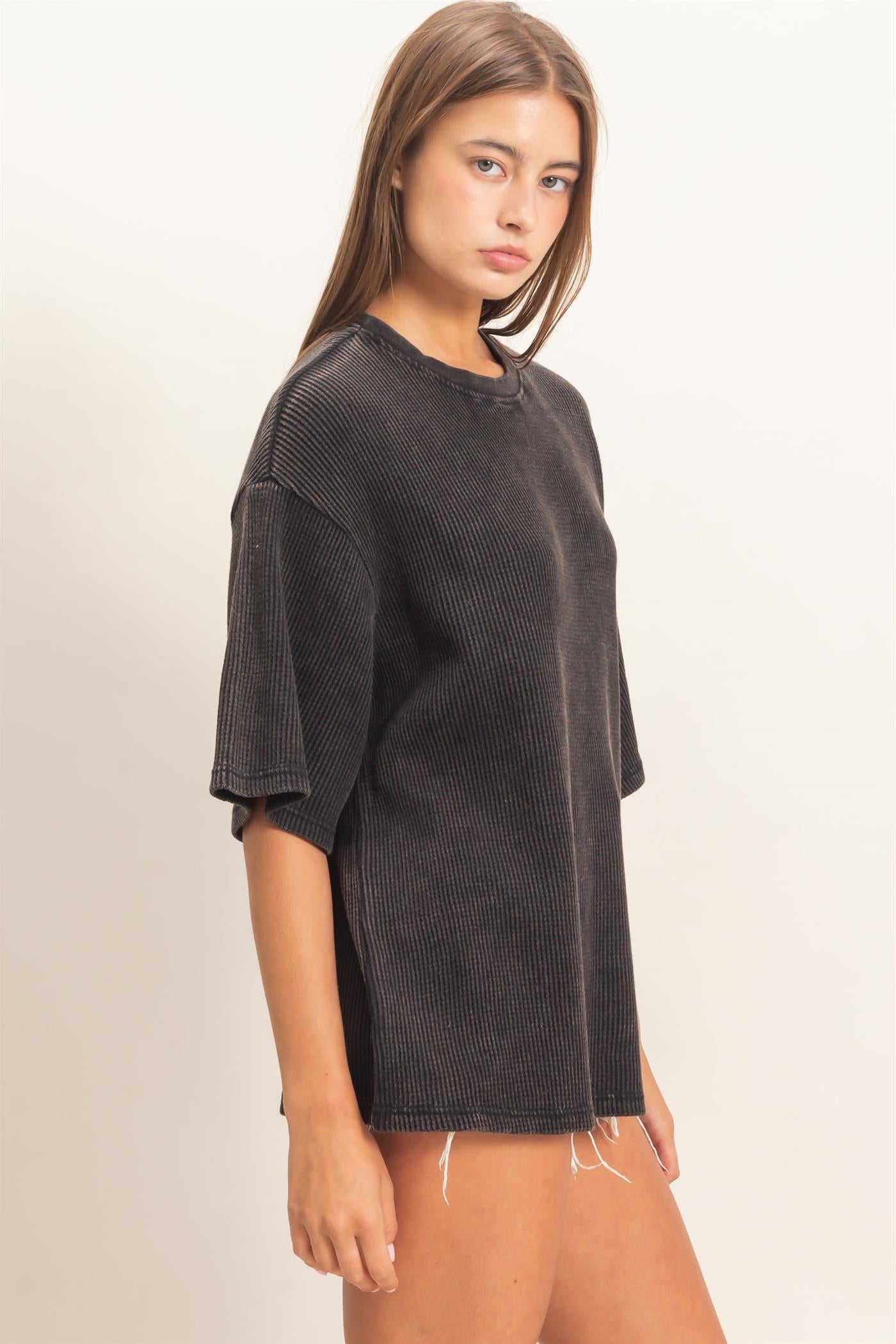 Wholesale Mineral Wash Waffle Crew Neck Short Sleeve Top Clothing Tops DZ26E328 BLACK DOUBLE ZERO