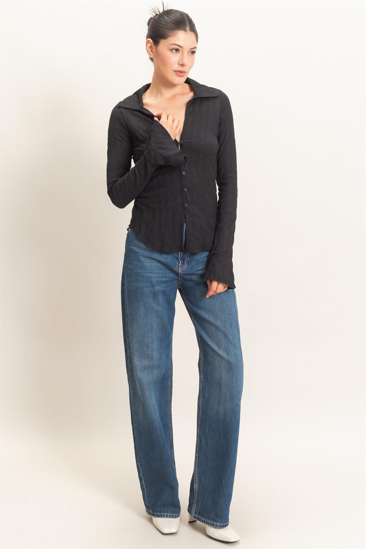Wholesale Textured Button-Up Collared Top Shirts HF26E062 BLACK HYFVE