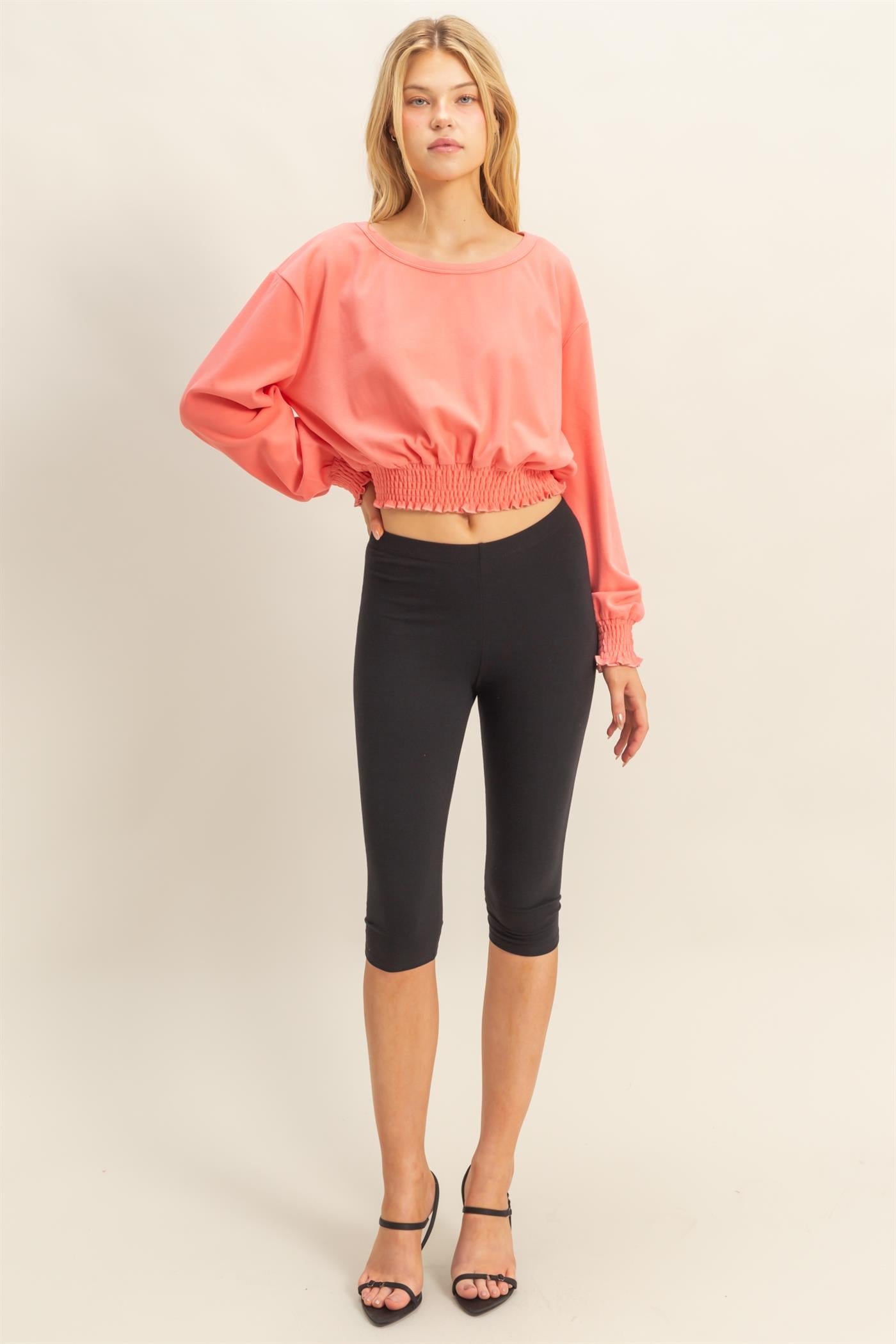 Wholesale Brushed Knit Smocked Crop Top Clothing Tops HF24C116 CORAL HYFVE