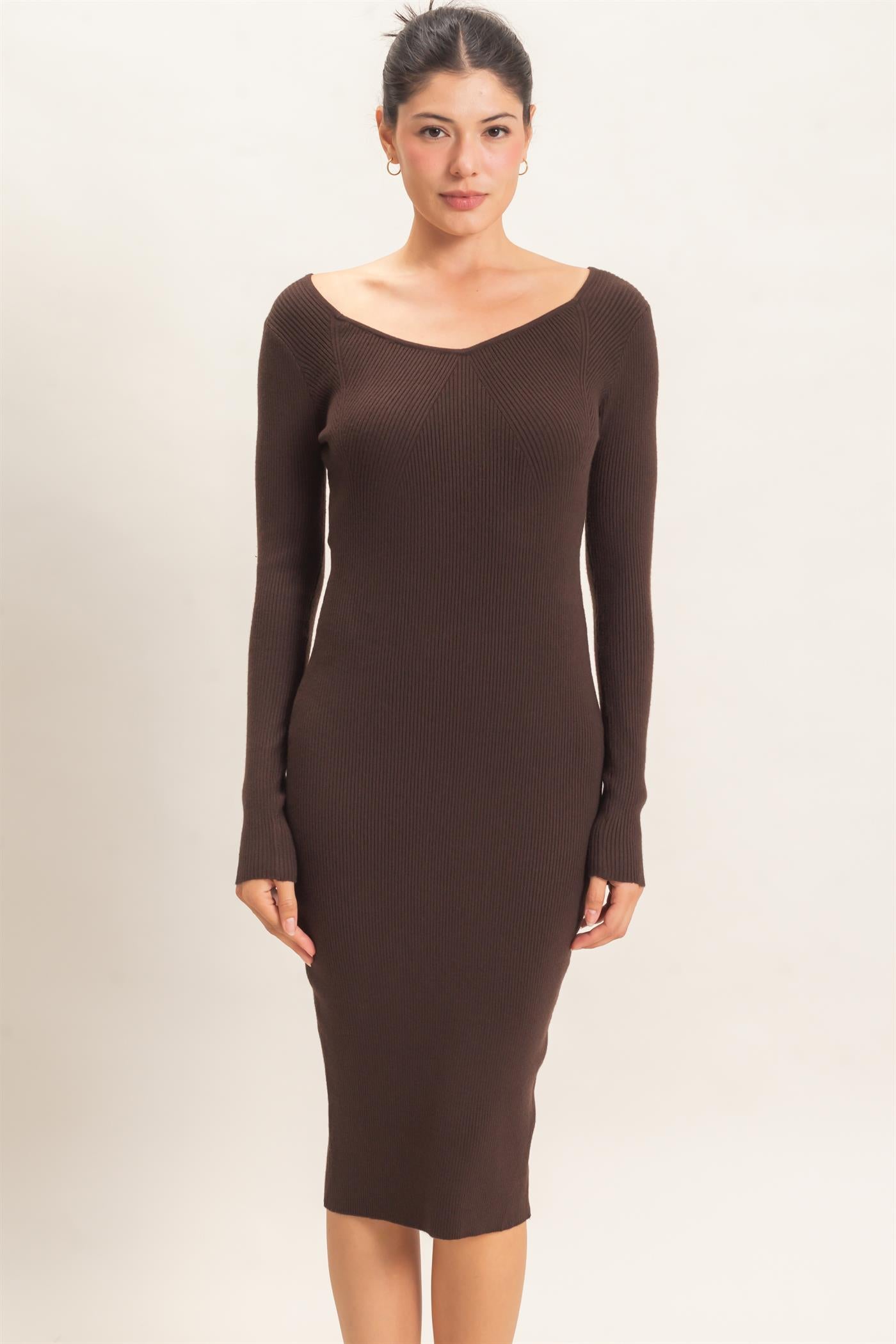 Wholesale Ribbed V-Neck Long Sleeve Dress Dresses HF26E217 DARK BROWN HYFVE
