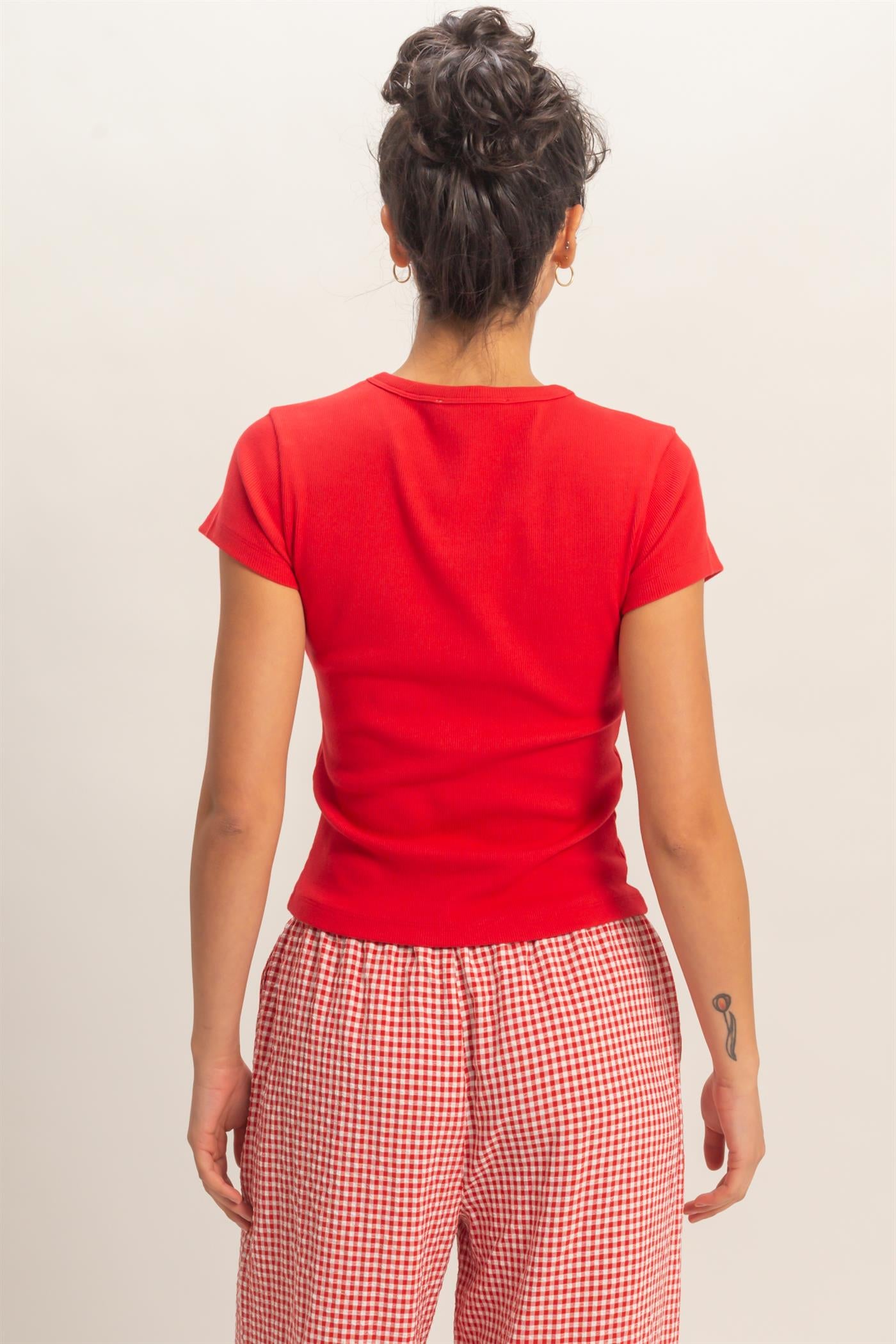 Wholesale Basic Ribbed Short Sleeve Top Clothing Tops DZ26A137 RED DOUBLE ZERO