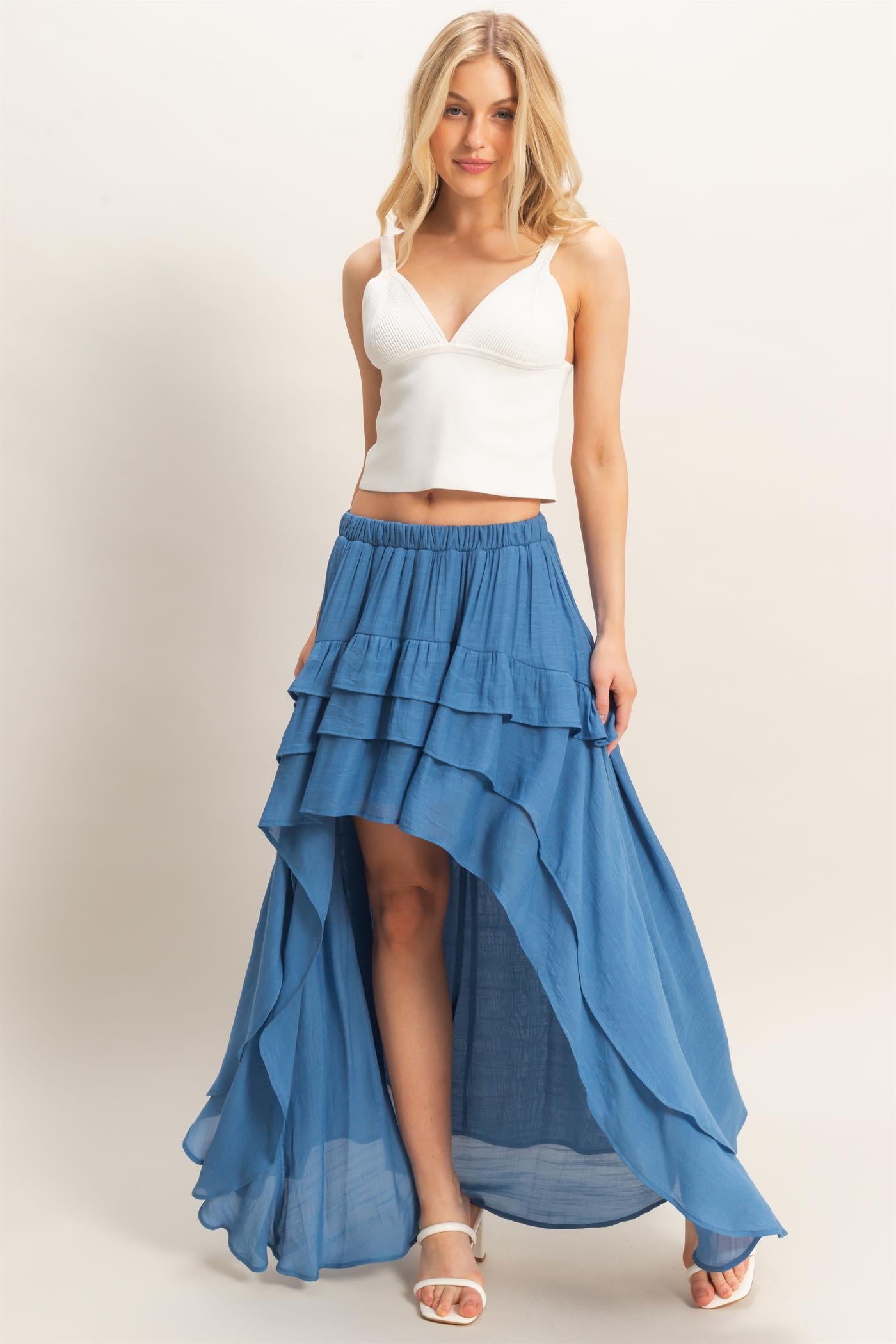 Wholesale Tiered Ruffle High-Low Skirt Skirts HF26C194 DENIM BLUE HYFVE
