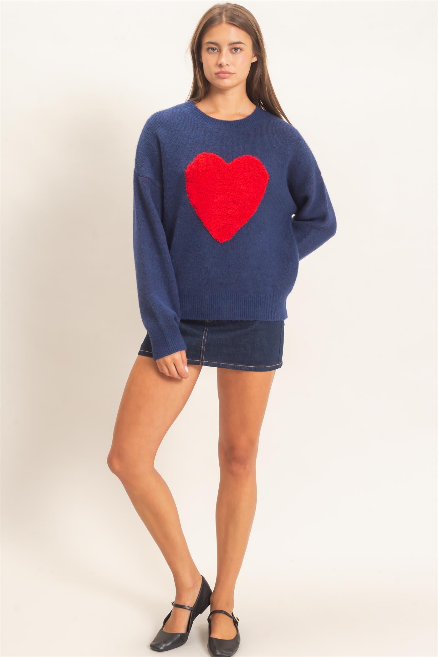 Wholesale Heart Graphic Sweater Sweaters DZ26E430 NAVY DOUBLE ZERO