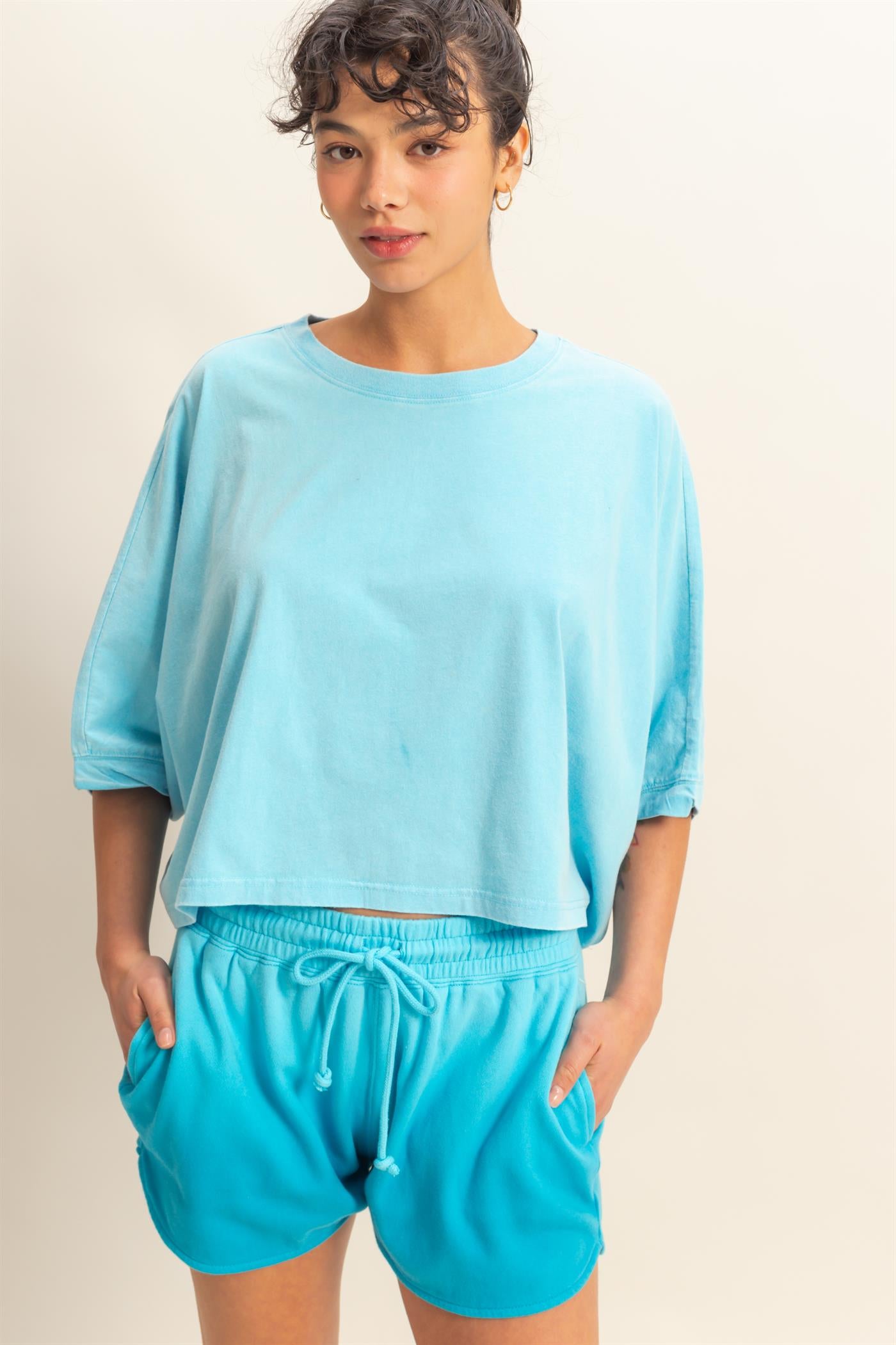 Wholesale Flowy Bat Wing Sleeves Knit Top Clothing Tops DZ25A797 AQUA BLUE DOUBLE ZERO