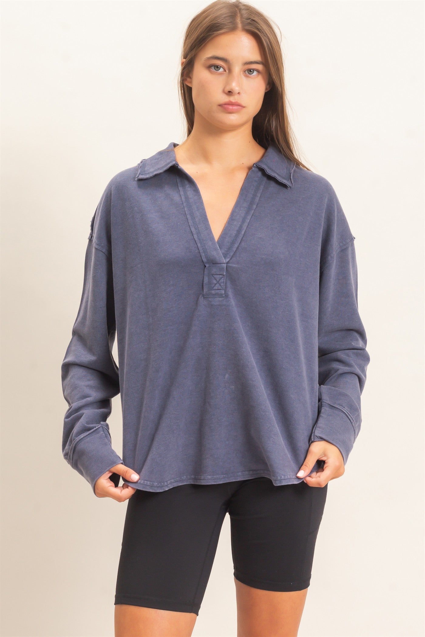 Wholesale Mineral Washed Polo Collar Long Sleeve Top Polos DZ26E887 NAVY DOUBLE ZERO