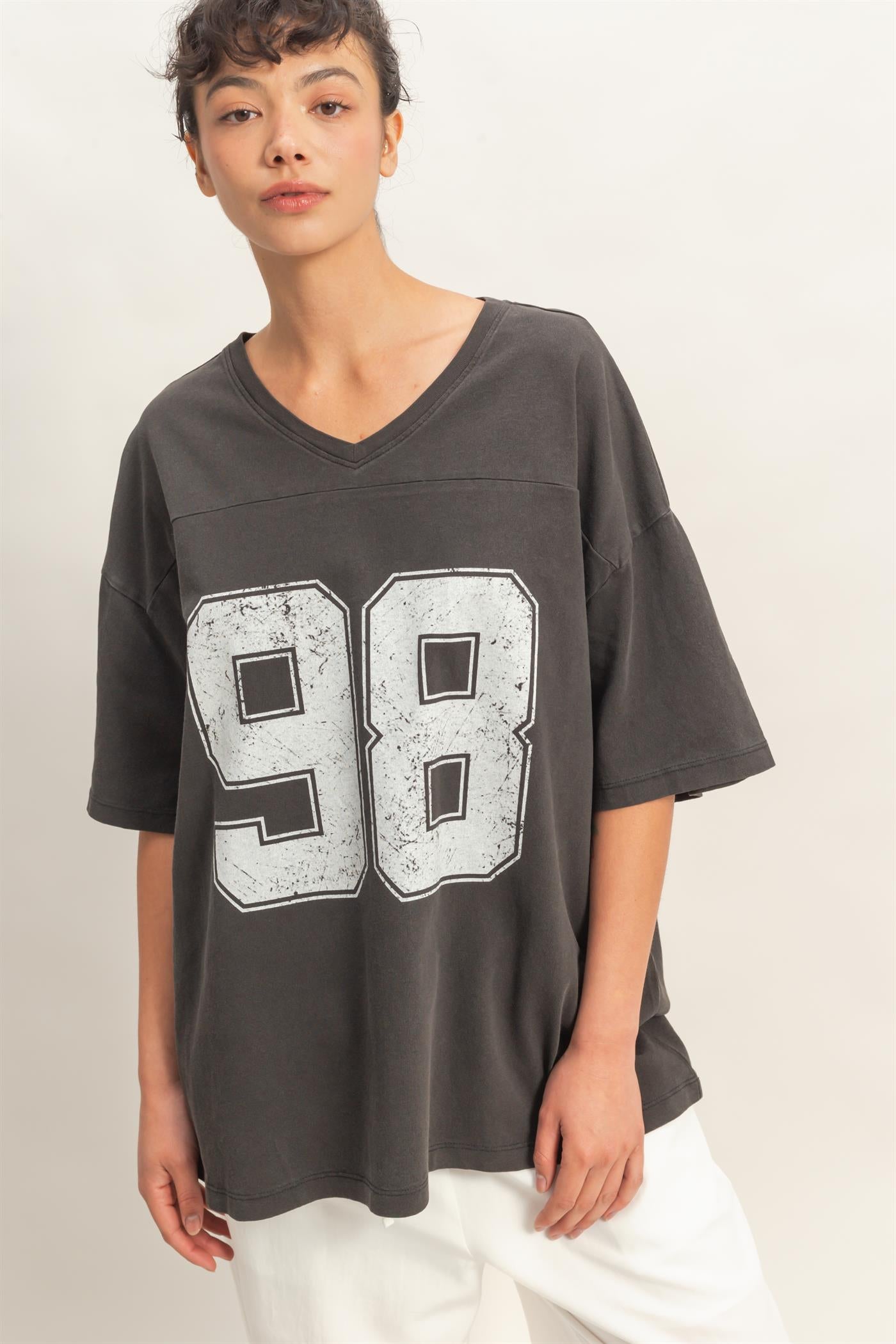 Wholesale Oversized Varsity Style V-Neck Graphic T-Shirt T-Shirts DZ26C200 BLACK DOUBLE ZERO