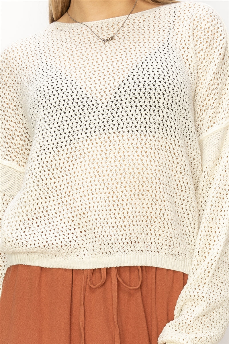 Wholesale Open Knit Drop Shoulder Sweater Clothing Tops DZ24C033 WHIP CREAM DOUBLE ZERO
