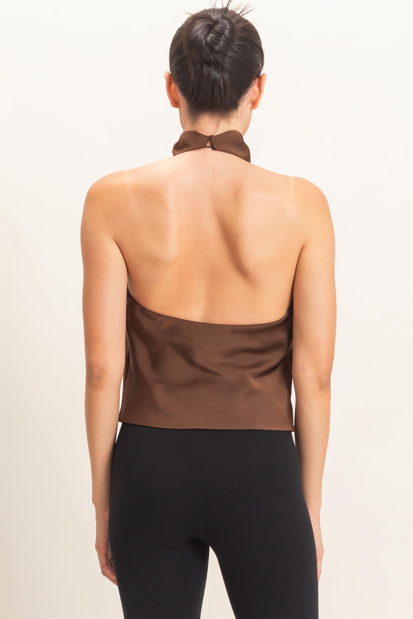 Wholesale Draped Halter Satin Top Blouses HF26E632 ESPRESSO HYFVE