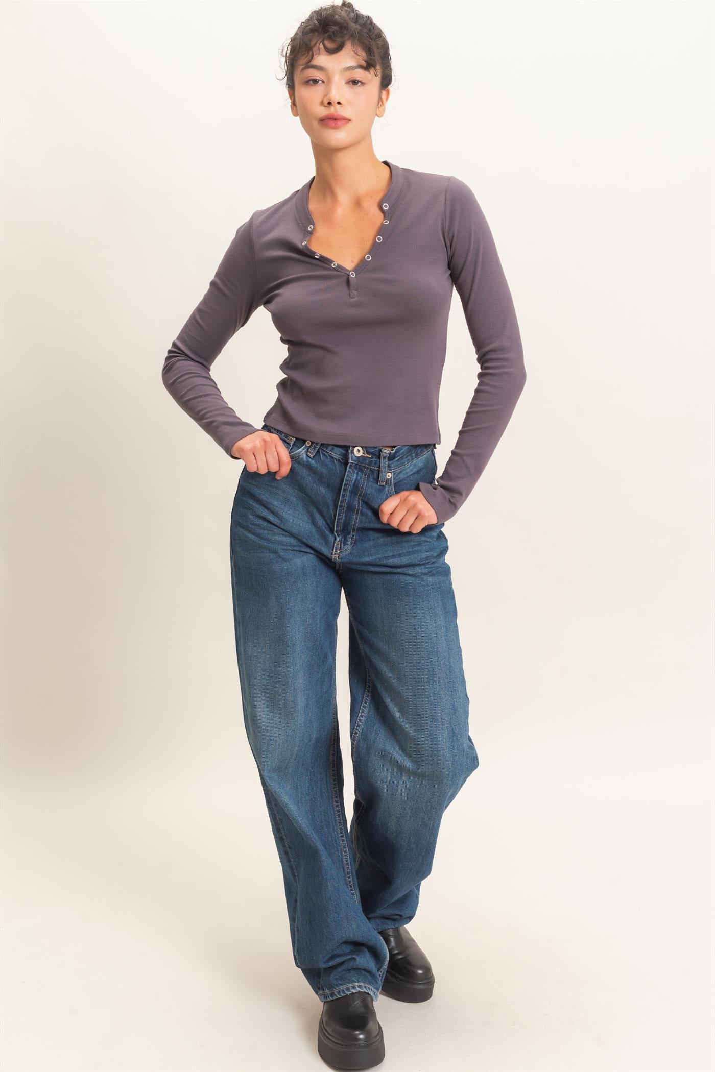 Wholesale Long Sleeve Henley Top Clothing Tops DZ26E865 CHARCOAL DOUBLE ZERO