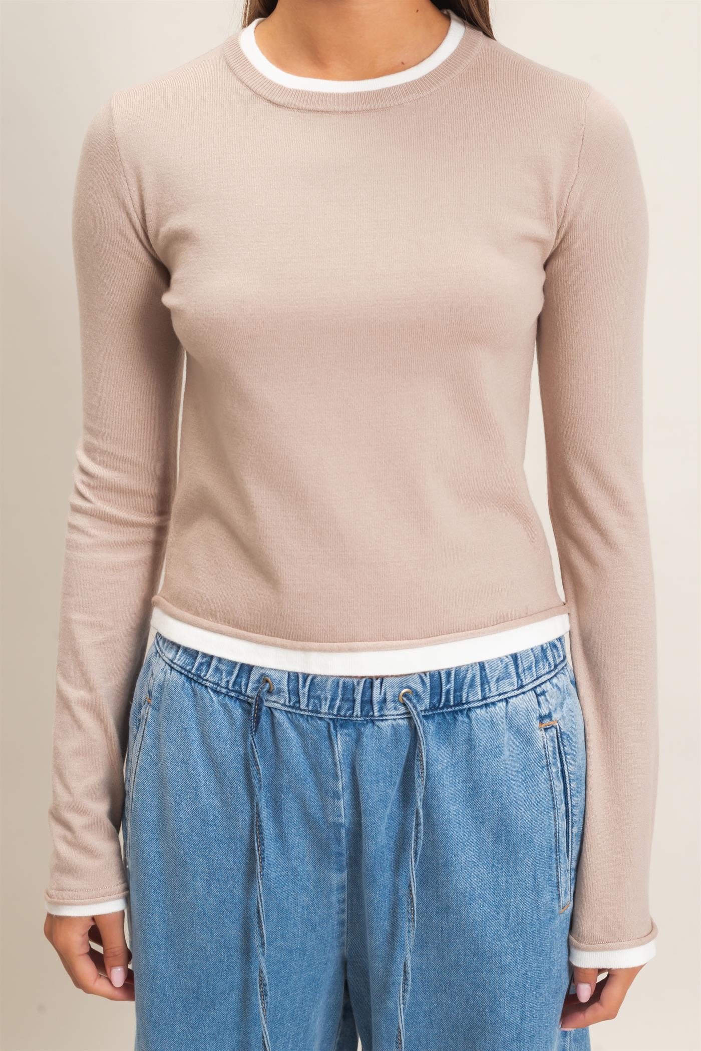 Wholesale Layer Effect Long Sleeve Knit Top Clothing Tops DZ26F394 TAUPE DOUBLE ZERO