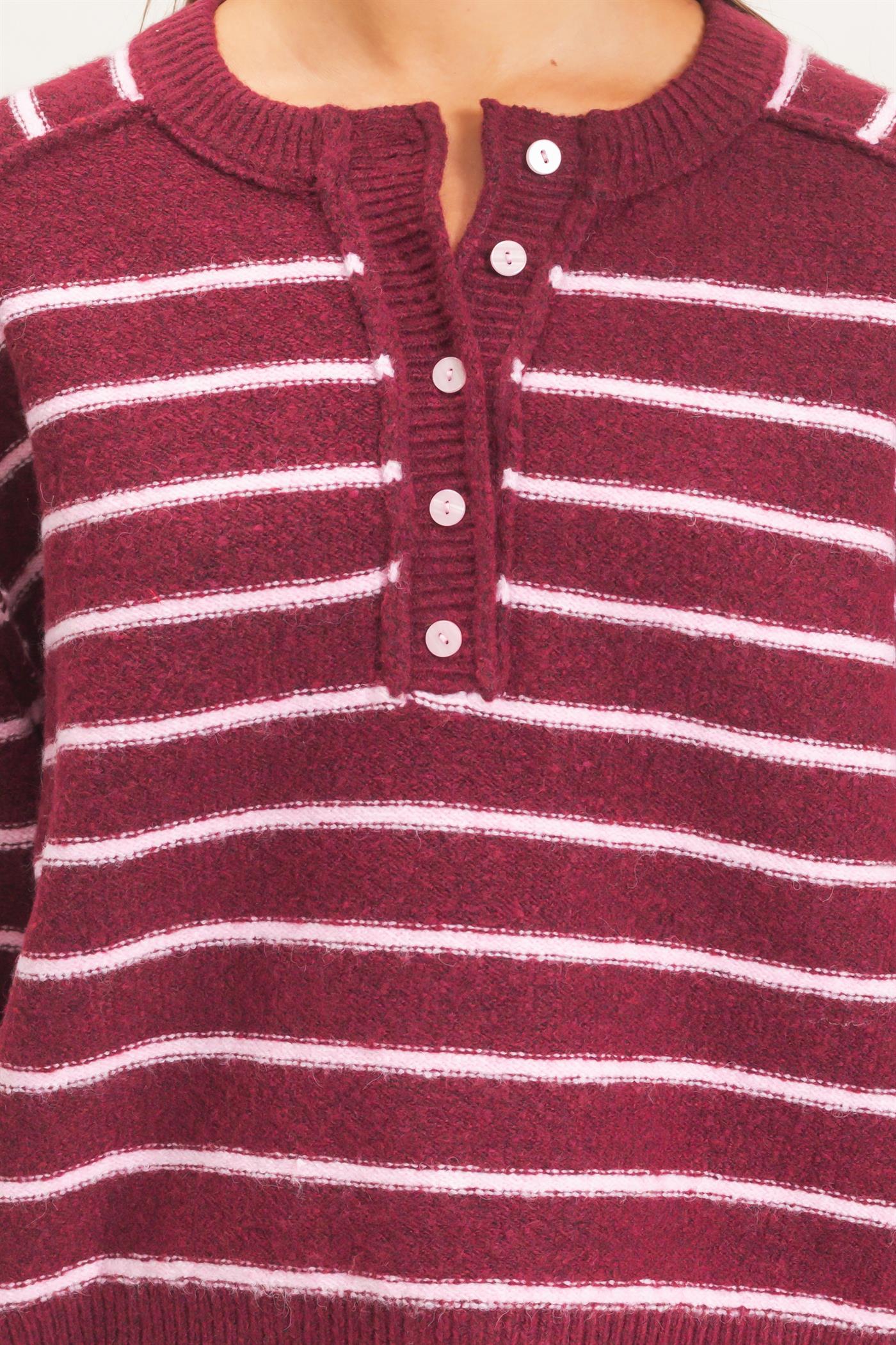 Wholesale Stripe Henley Sweater Sweaters DZ26F002 DARK CHERRY DOUBLE ZERO