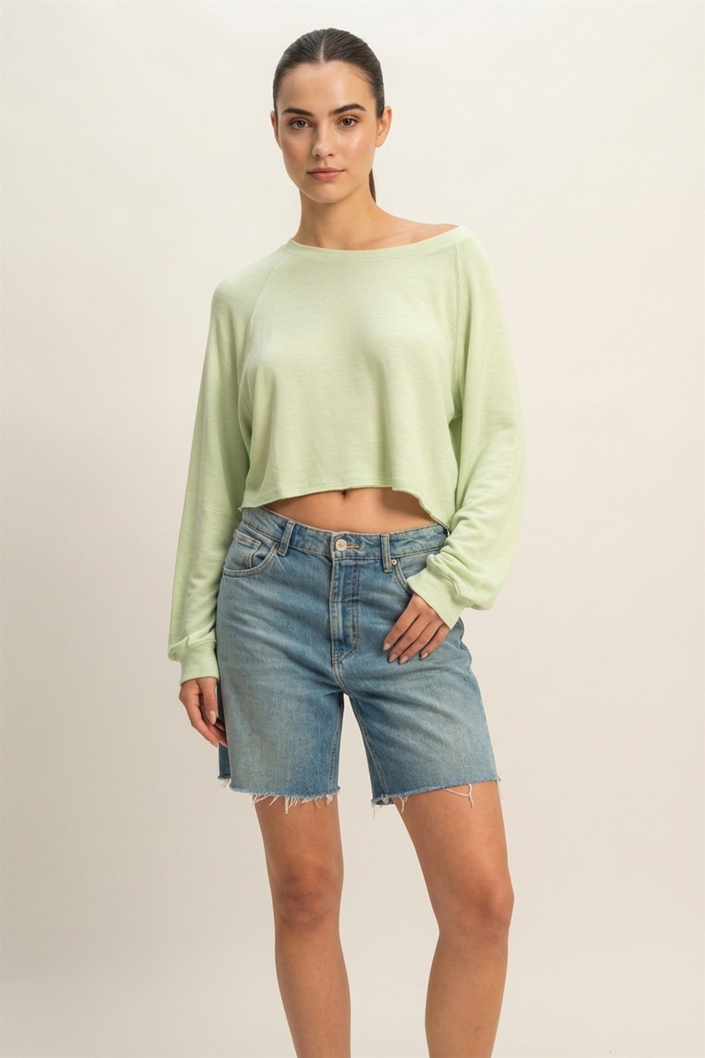 Wholesale Long Sleeve Round Neck Top Clothing Tops DZ22E691 PASTEL GREEN DOUBLE ZERO