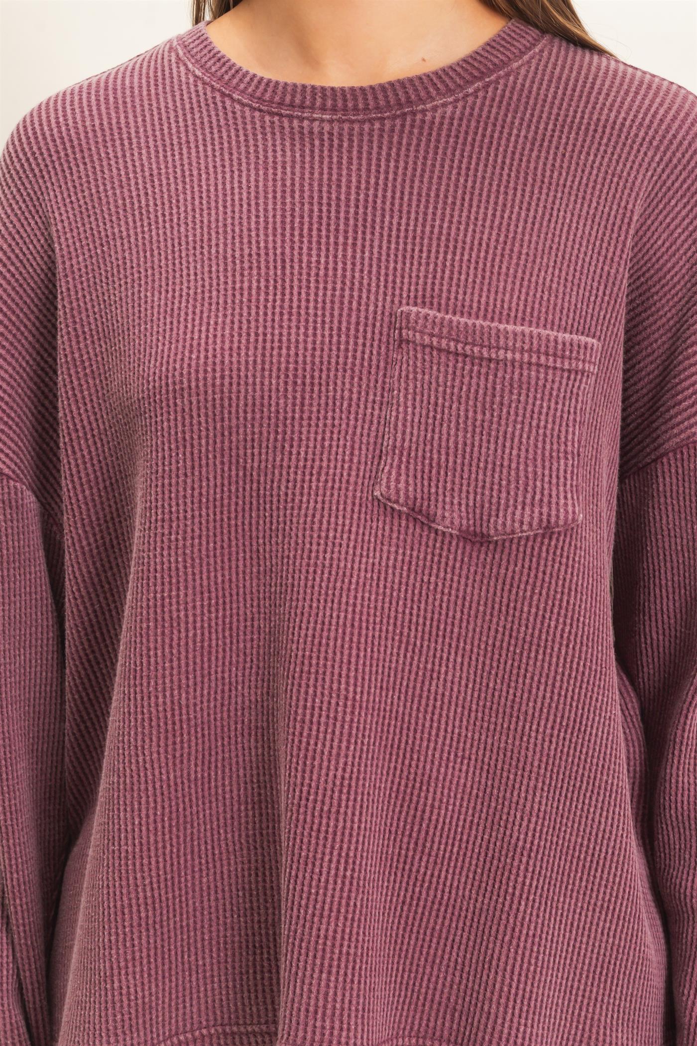Wholesale Mineral Wash Waffle Long Sleeve Top Clothing Tops DZ26F242 DARK CHERRY DOUBLE ZERO