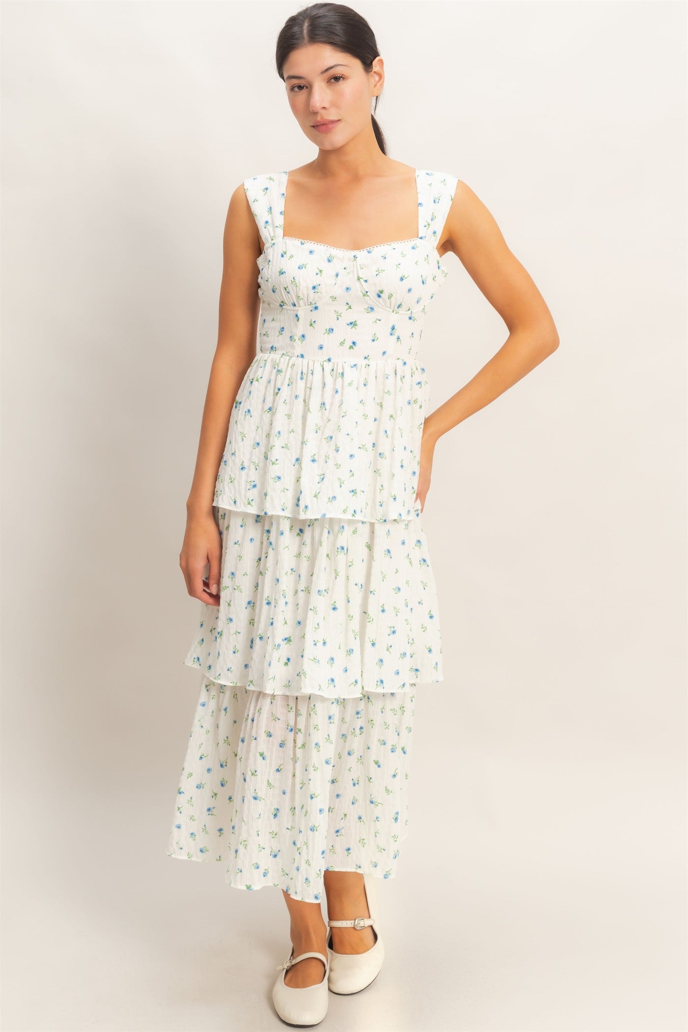 Wholesale Floral Tiered Dress With Boning Dresses HF26A142 IVORY HYFVE