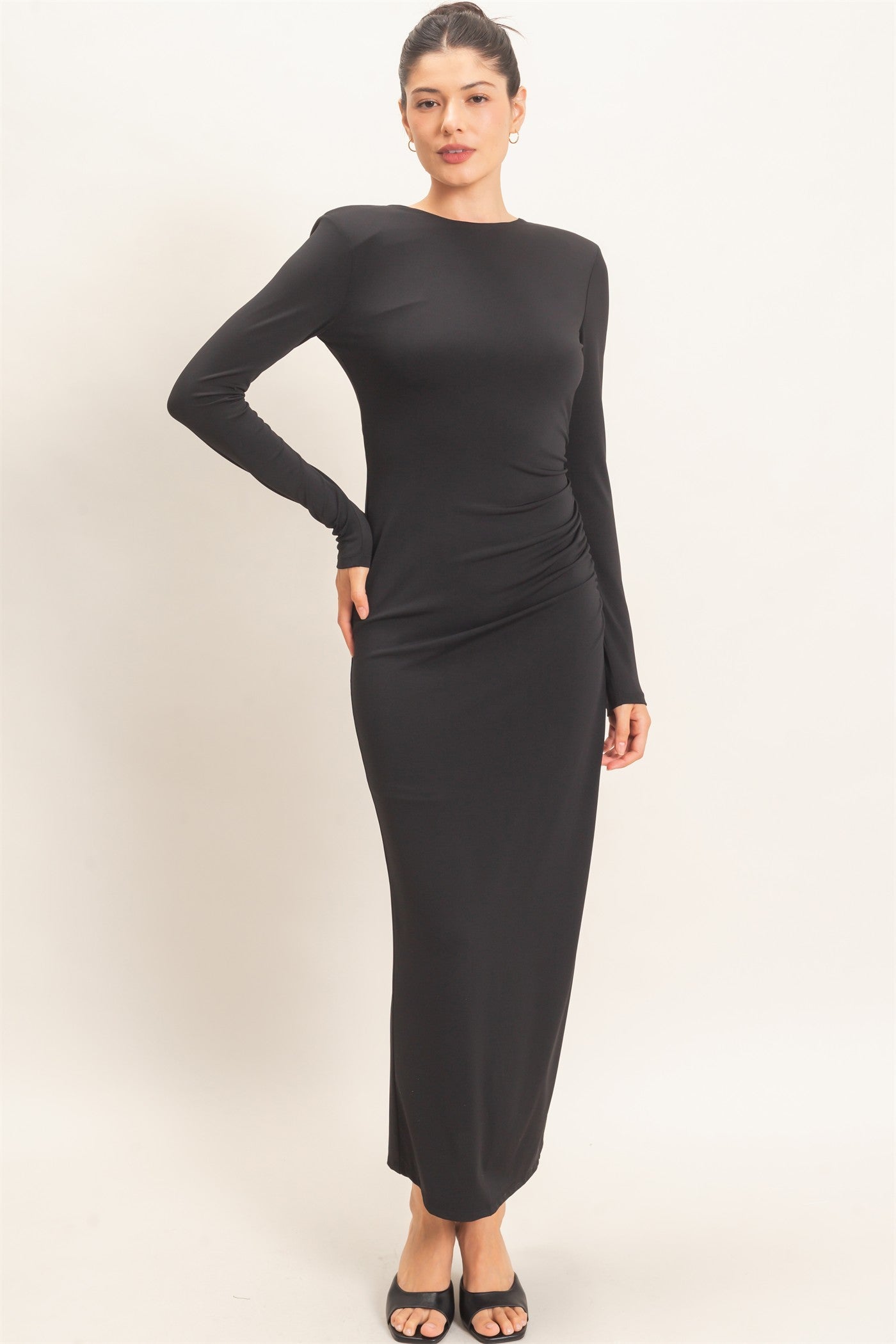 Wholesale Ruched Long Sleeve Open Back Midi Dress Dresses HF26F118 BLACK HYFVE