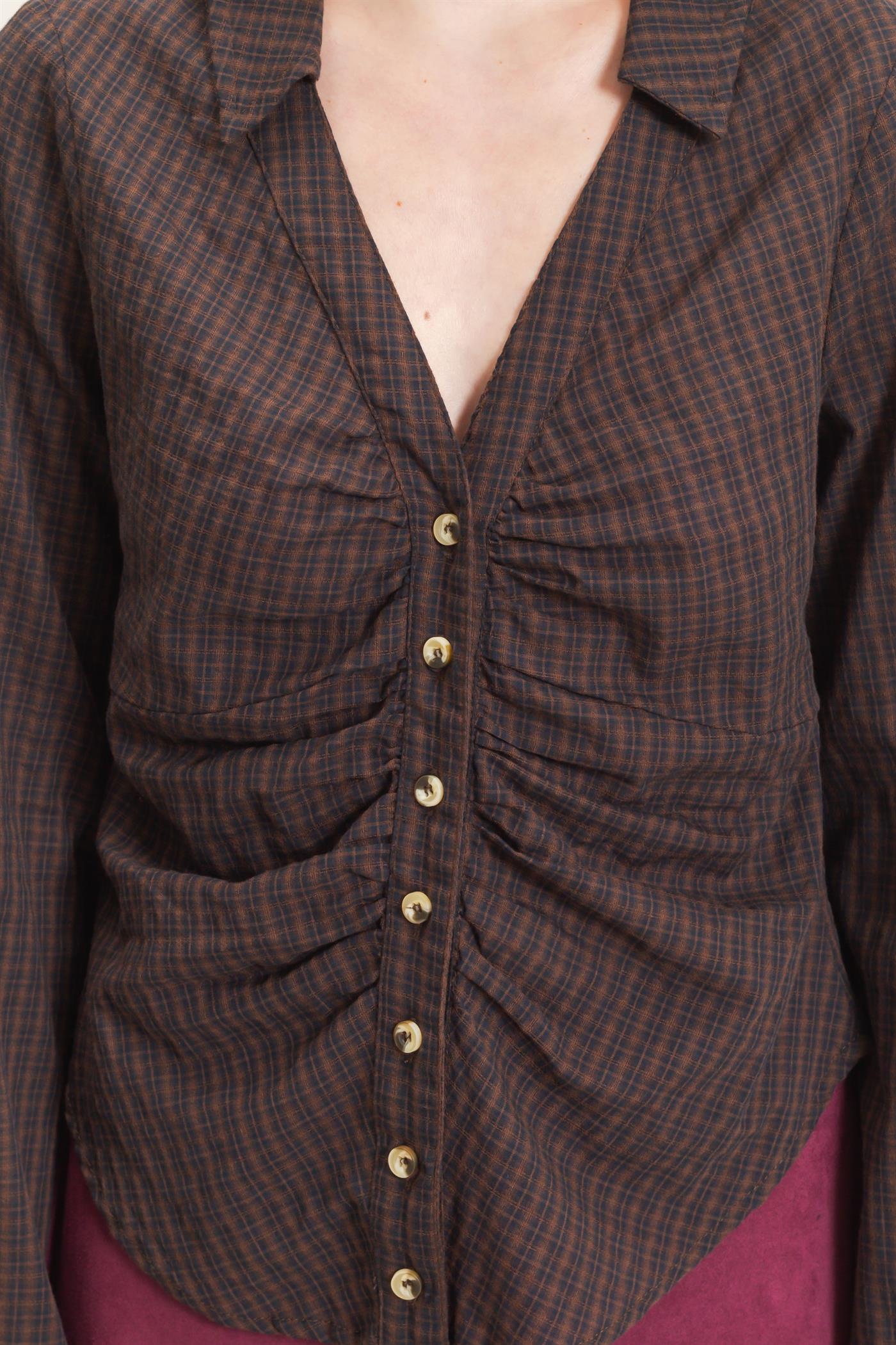 Wholesale Ruched Button-Down Shirt Blouses HF26E348 BROWN HYFVE
