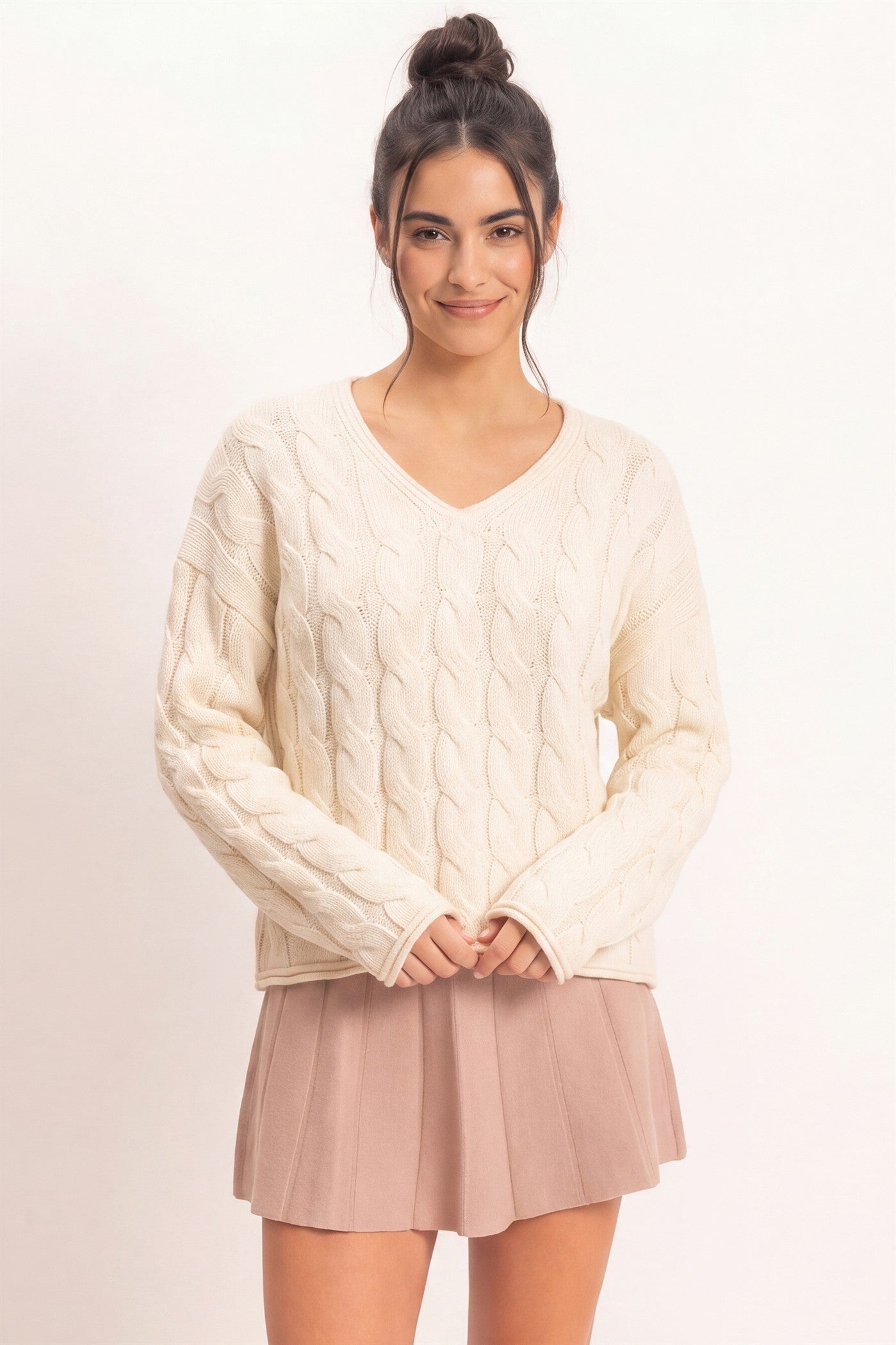 Wholesale Cable Knit V-Neck Sweater Sweaters DZ26E087 CREAM DOUBLE ZERO