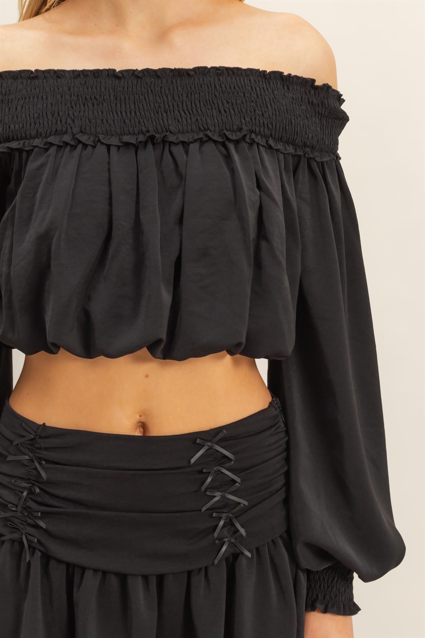 Wholesale Romantic Off Shoulder Top And Gathered Skirt Set Clothing HF25A243-SET BLACK HYFVE