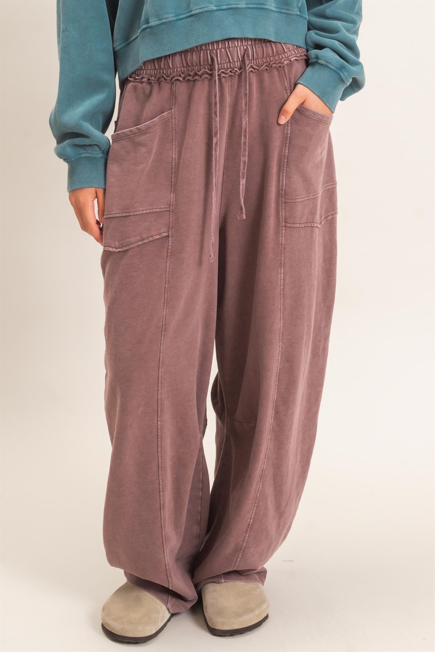 Wholesale Mineral Washed Barrel Sweatpants Pants DZ26F246 DARK BROWN DOUBLE ZERO