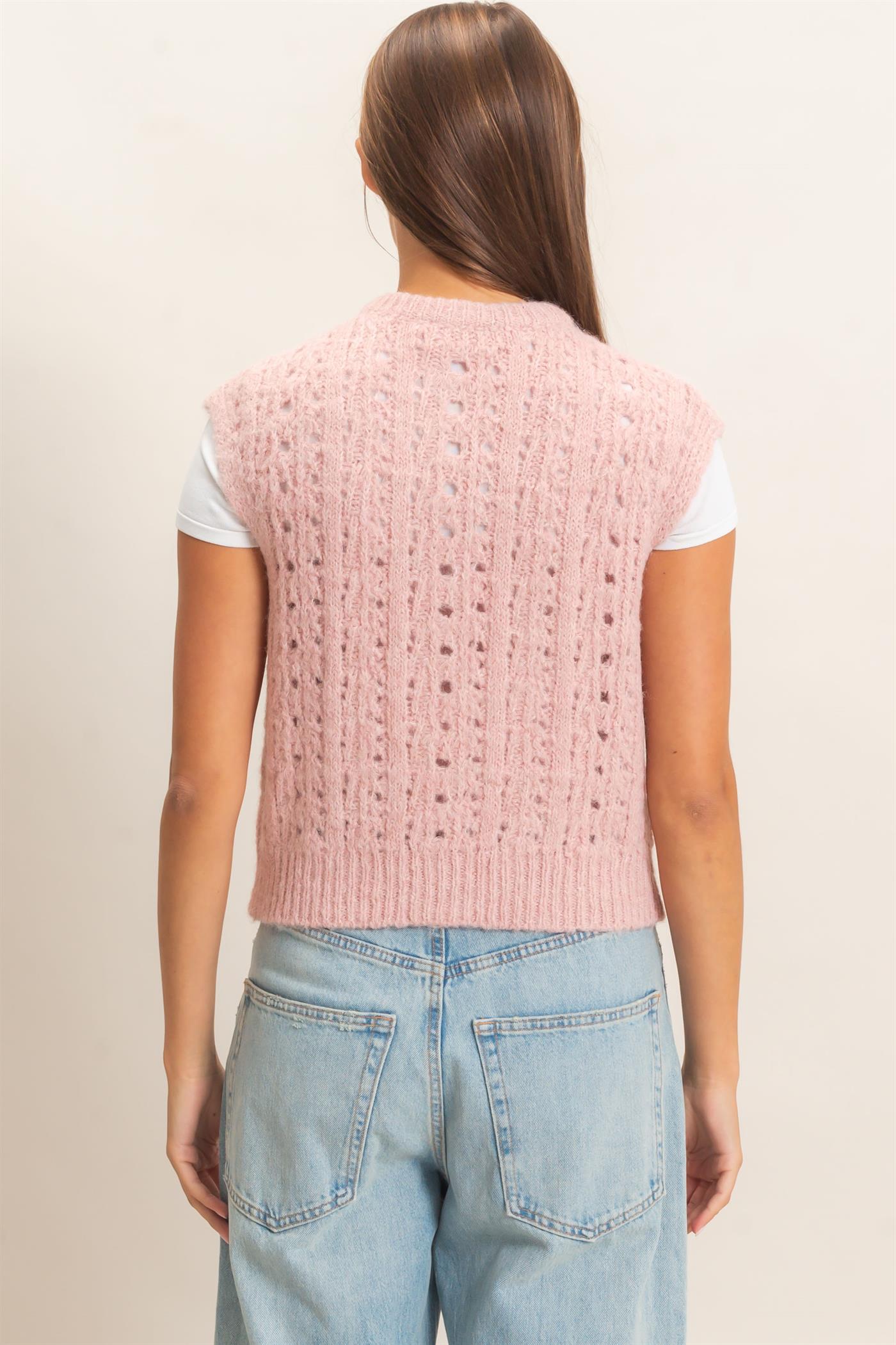 Wholesale Open Knit Sleeveless Button Front Sweater Vest Sweaters DZ26A829 PINK DOUBLE ZERO