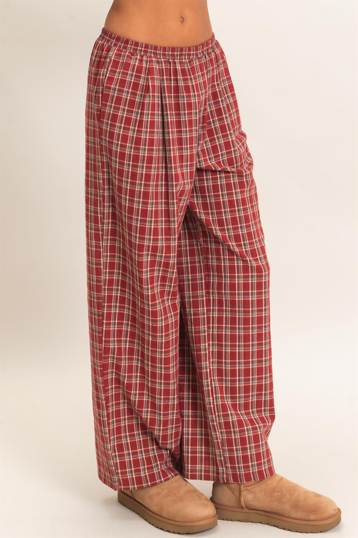 Wholesale Elastic Waist Plaid Pants Pants DZ26E375 DARK RED DOUBLE ZERO