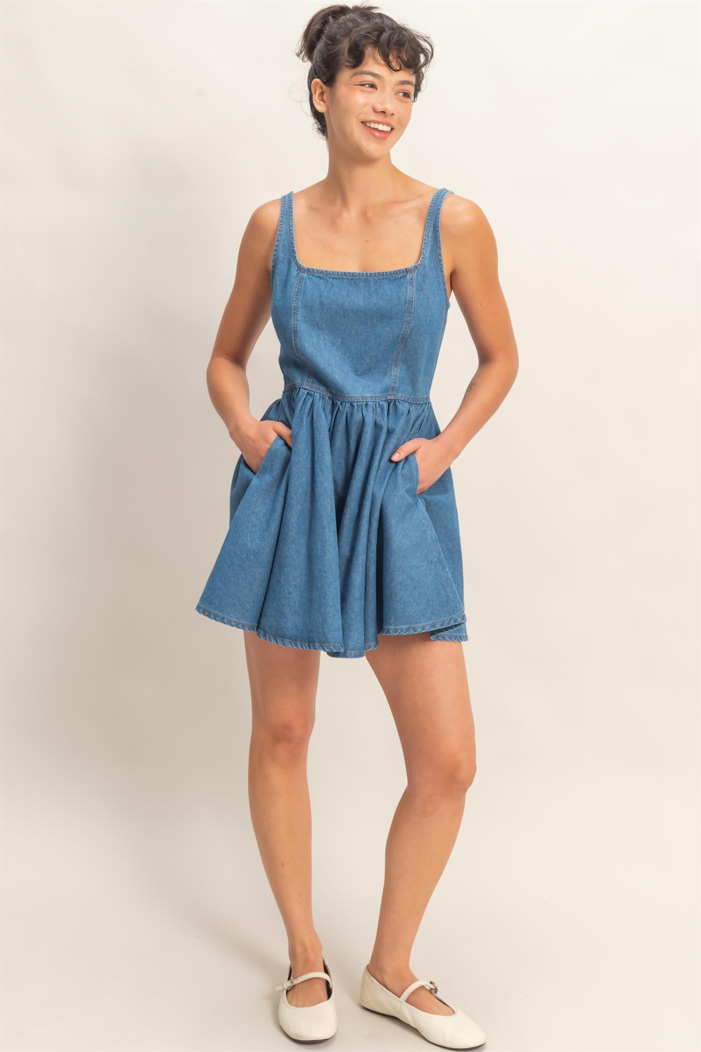 Wholesale Scoop Neck Denim Tank Flowy Mini Dress Dresses DZ26A998 MEDIUM BLUE DOUBLE ZERO