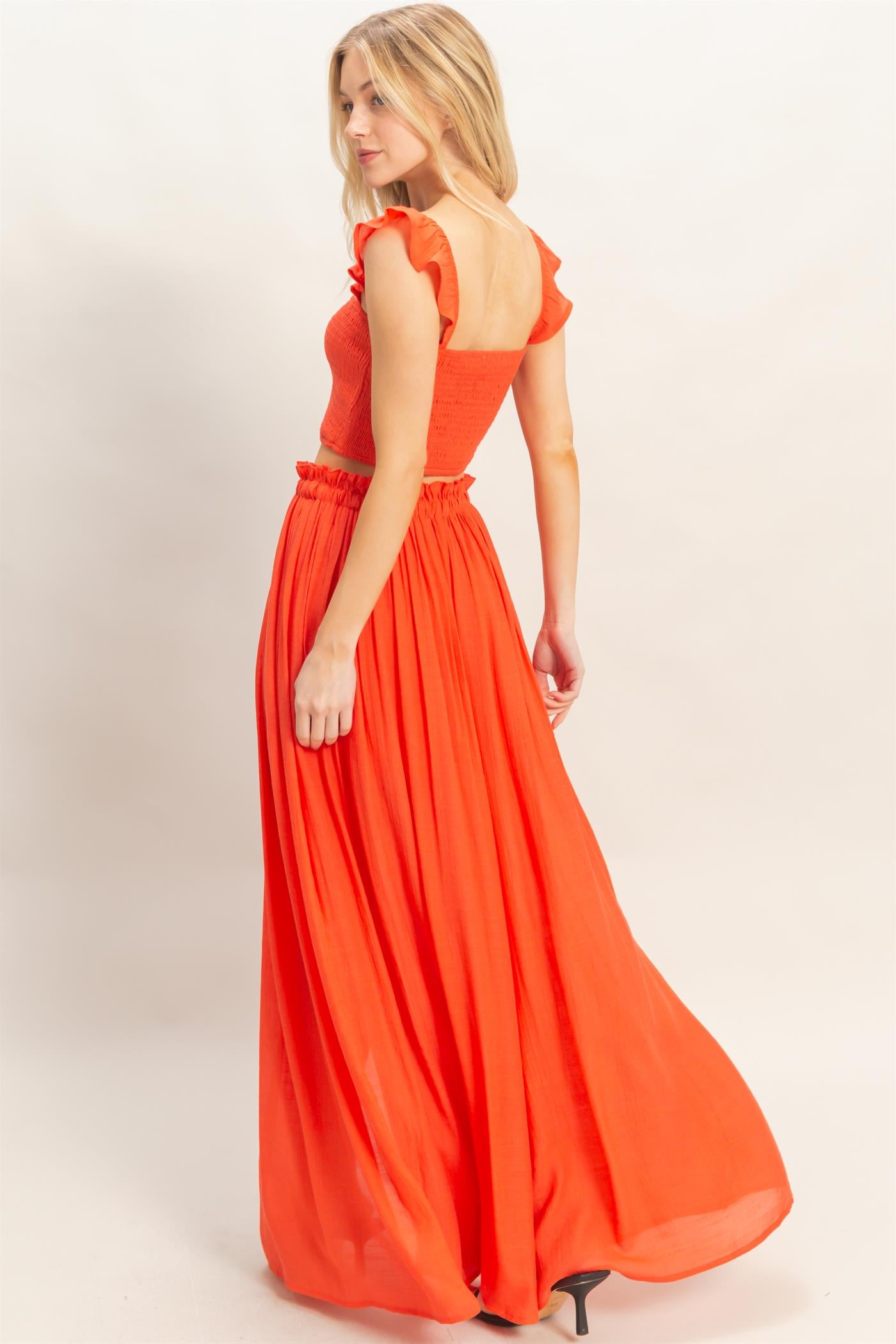 Wholesale Smocked Top & Maxi Skirt Set Clothing HF26C292-SET-D ORANGE RED HYFVE