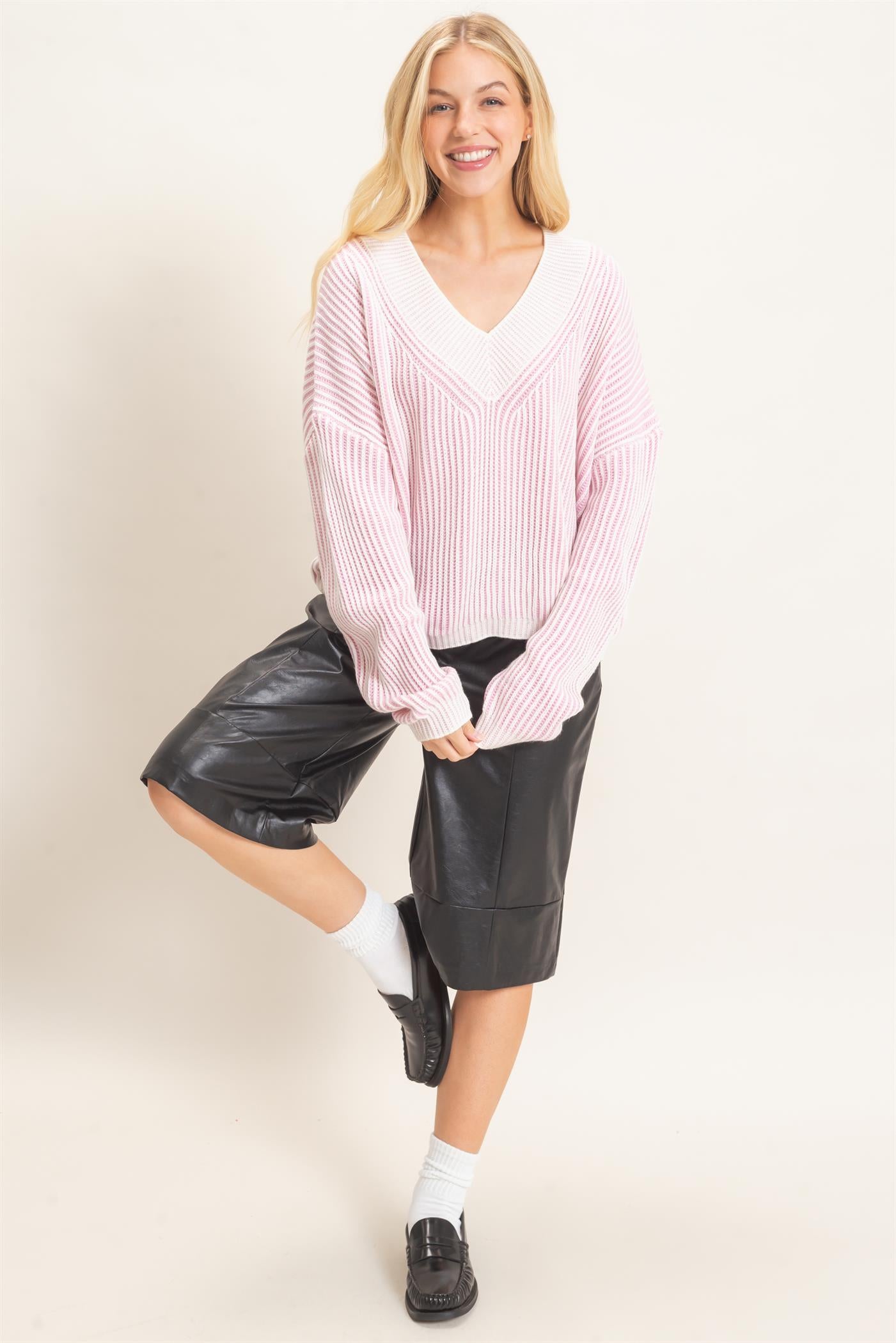 Wholesale Striped V-Neck Ribbed Sweater Sweaters HF26F202 PINK HYFVE
