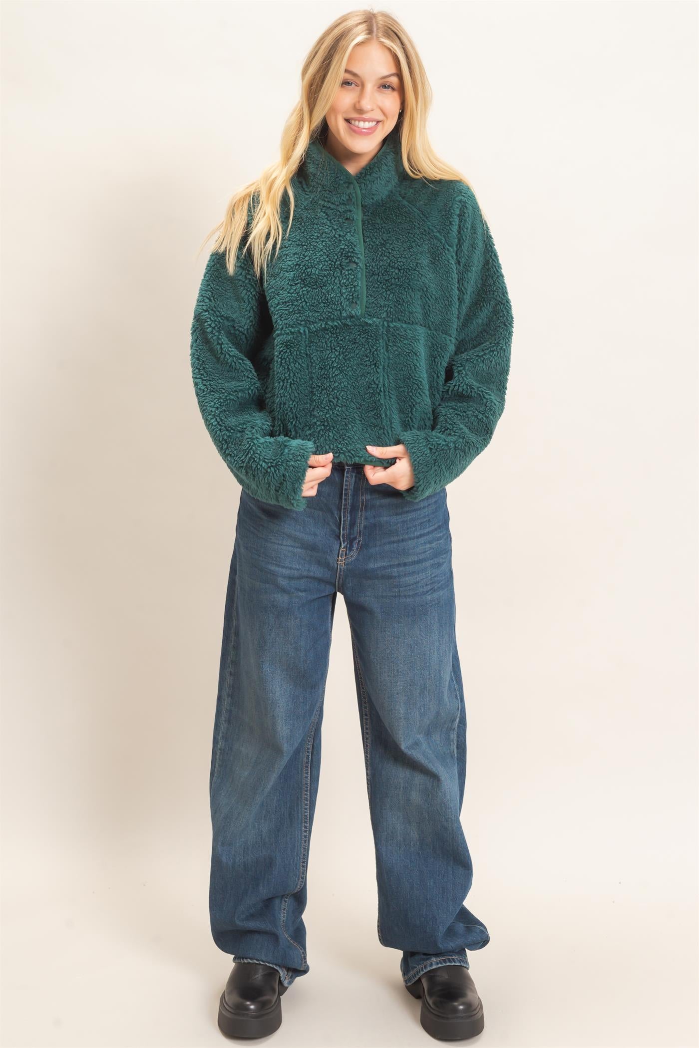 Wholesale Half-Zip Sherpa Jacket Sweatshirts HF26F130-D GREEN HYFVE