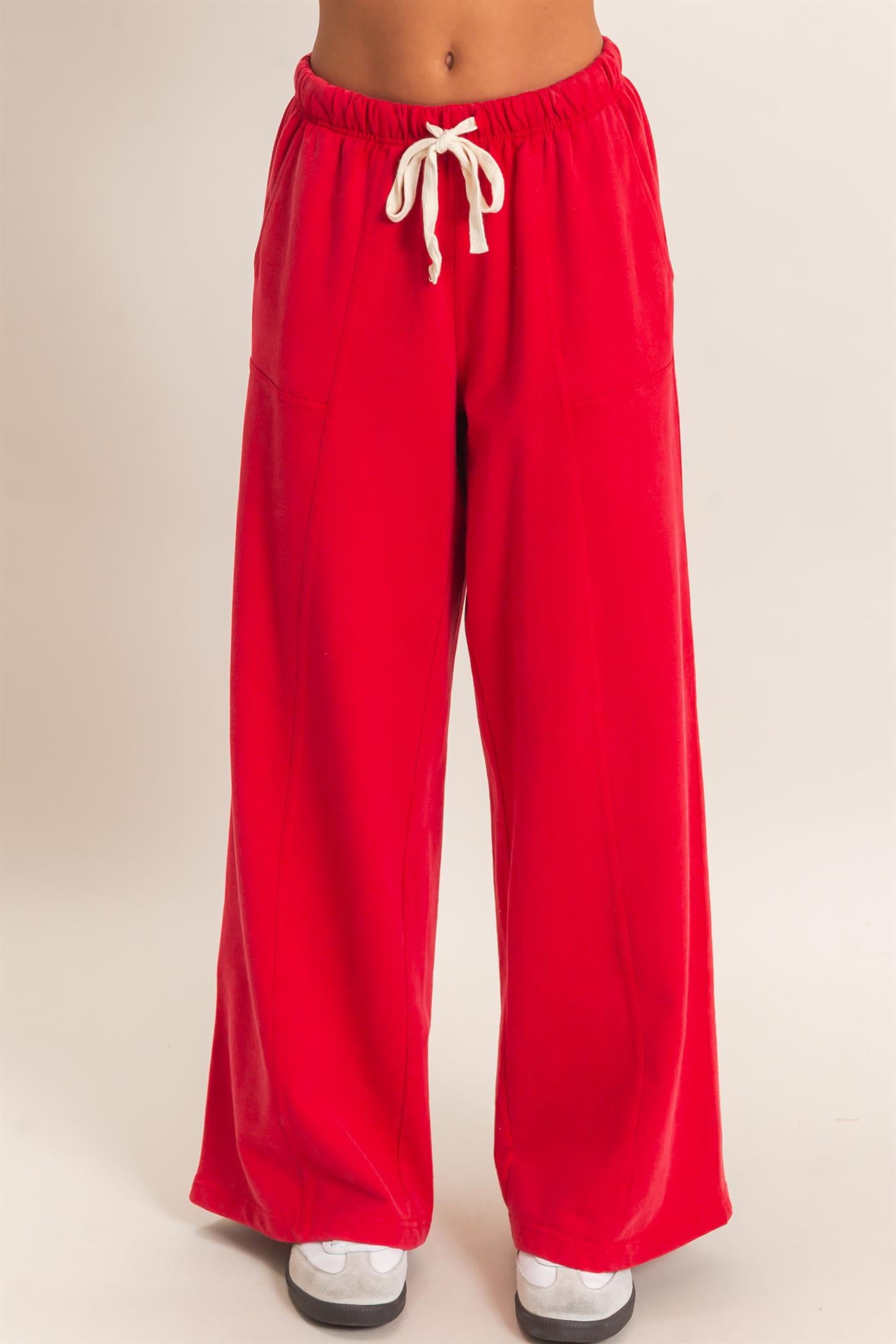 Wholesale Acid Wash Drawstring Waist Wide Leg Pants Pants DZ25A685 RED DOUBLE ZERO