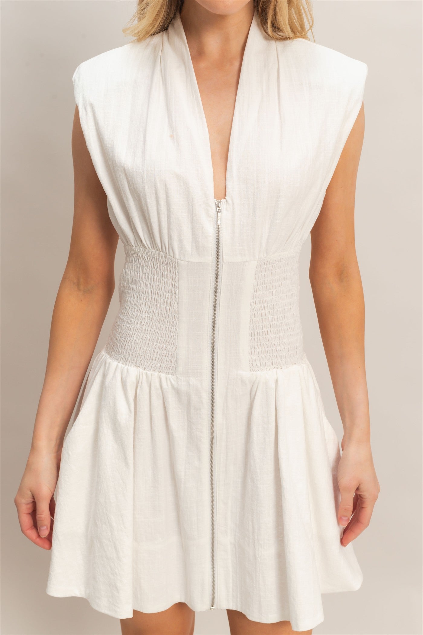 Wholesale Zip Front Shirred Waist Dress Dresses HF26A112 OFF WHITE HYFVE