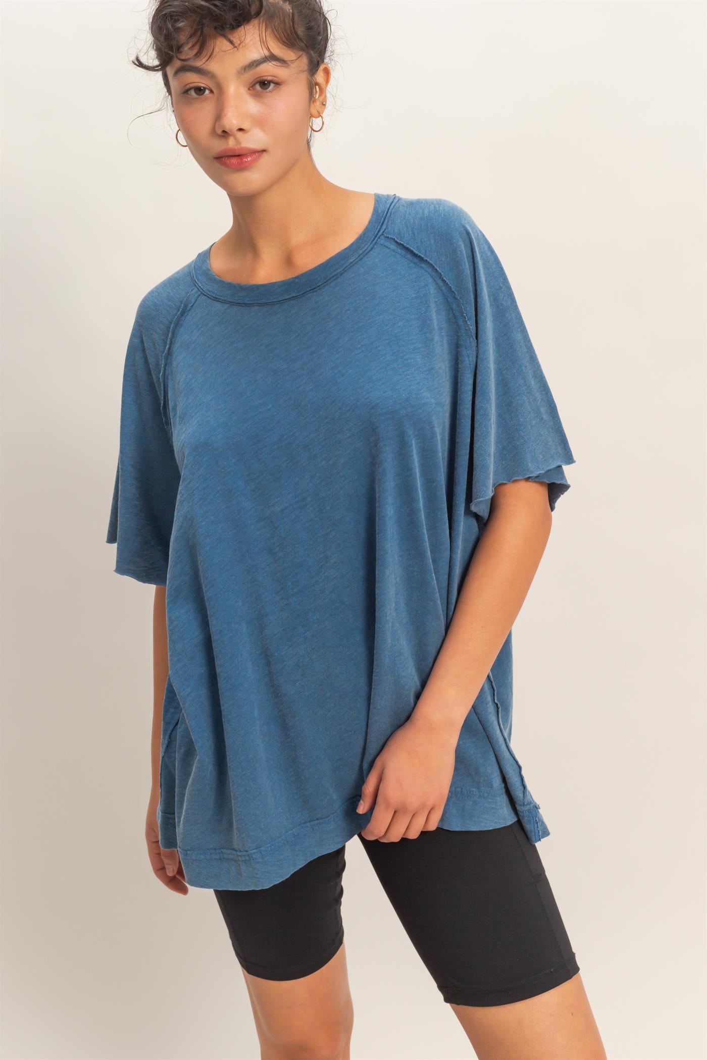 Wholesale Acid Washed Oversized Raw Edges Raglan Tee T-Shirts DZ26A333 NAVY DOUBLE ZERO