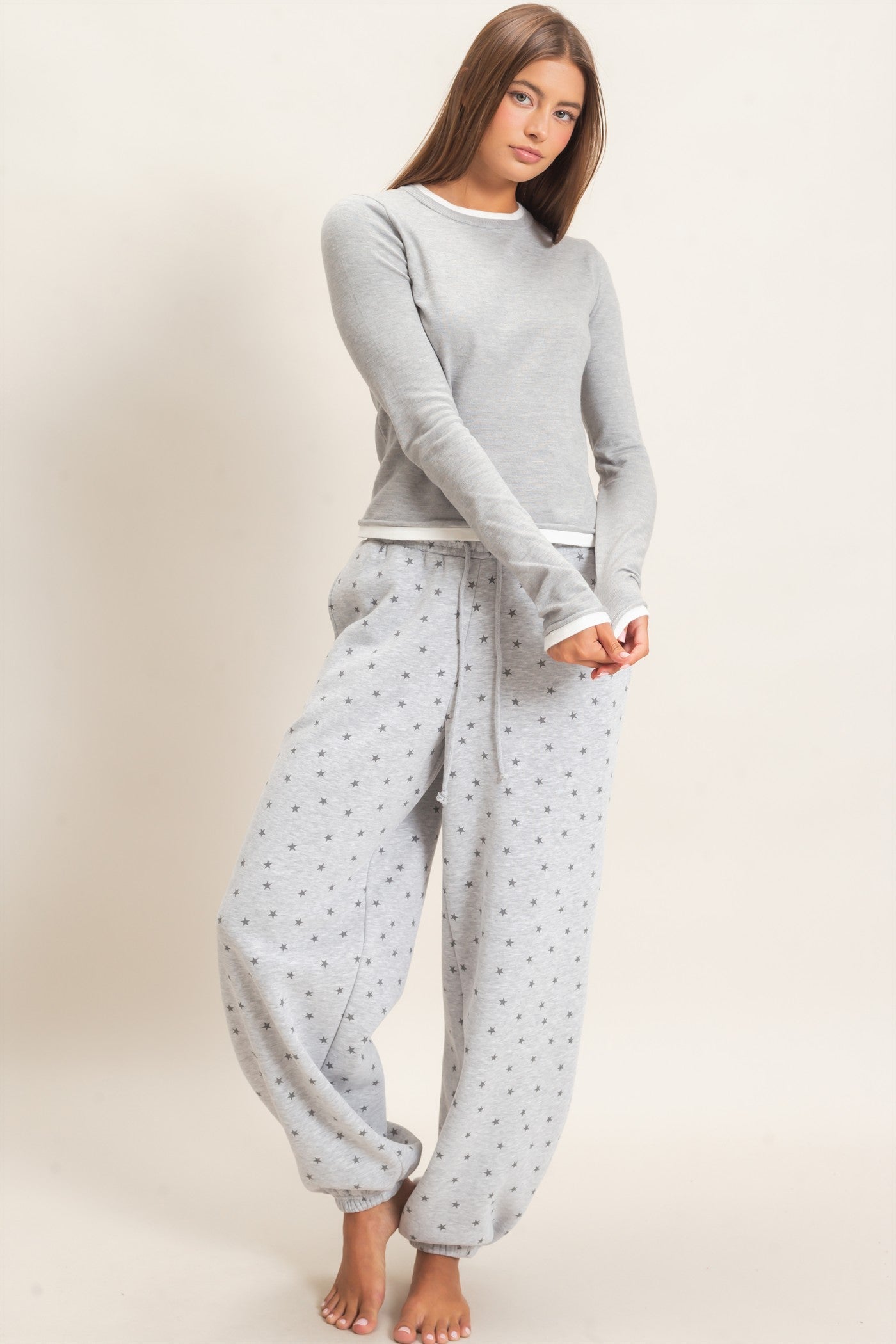 Wholesale Star Print Elastic Waist Jogger Pants Joggers DZ26E287 HEATHER GRAY DOUBLE ZERO