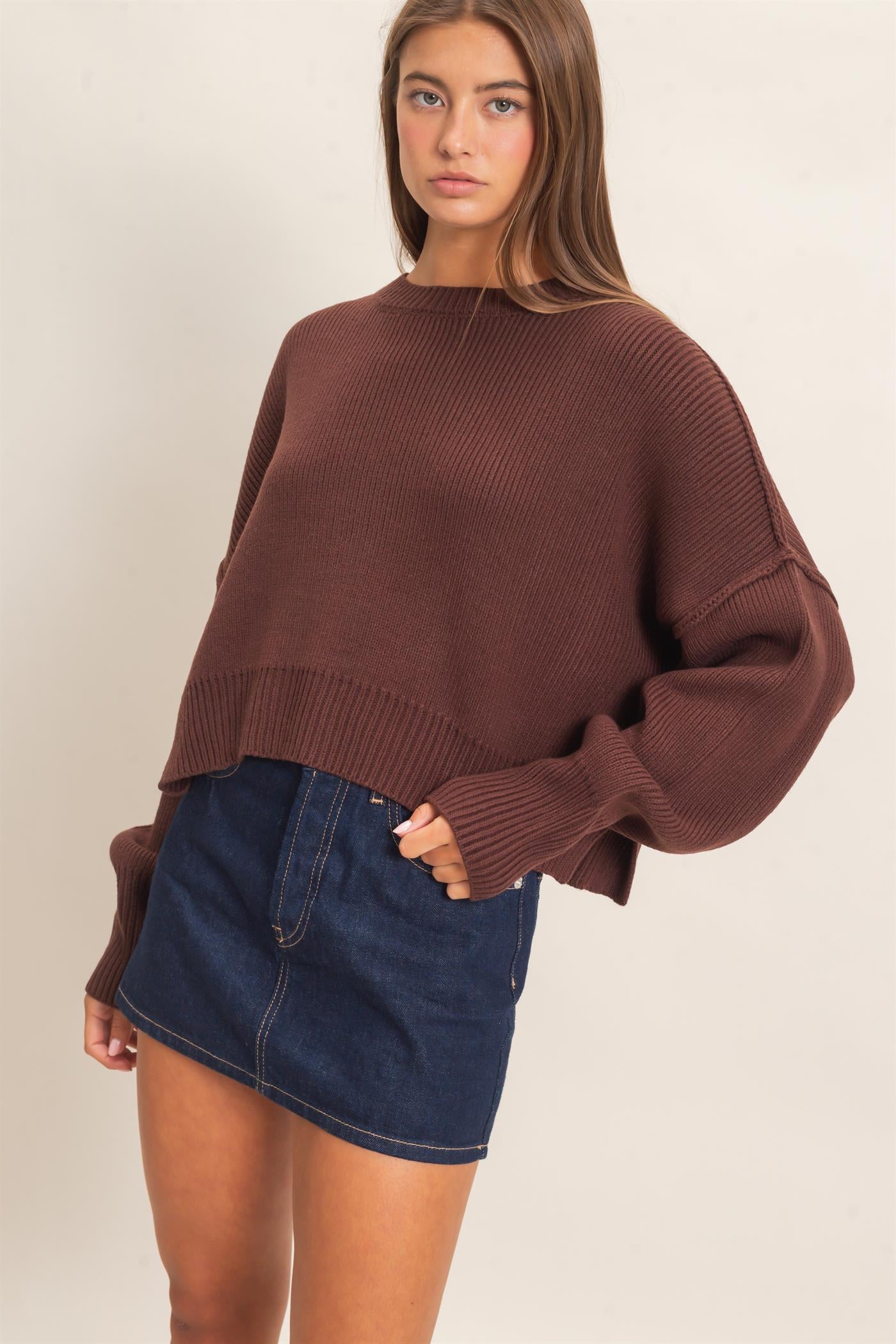 Wholesale Ribbed Drop Shoulder Sweater Sweaters DZ26C982 DARK BROWN DOUBLE ZERO