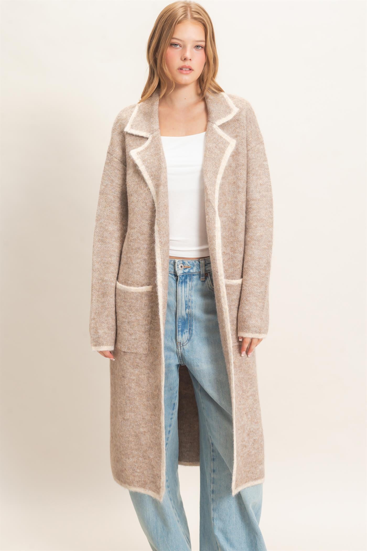 Wholesale Notched Collar Coatigan Sweater Cardigans HF26E695 BEIGE HYFVE