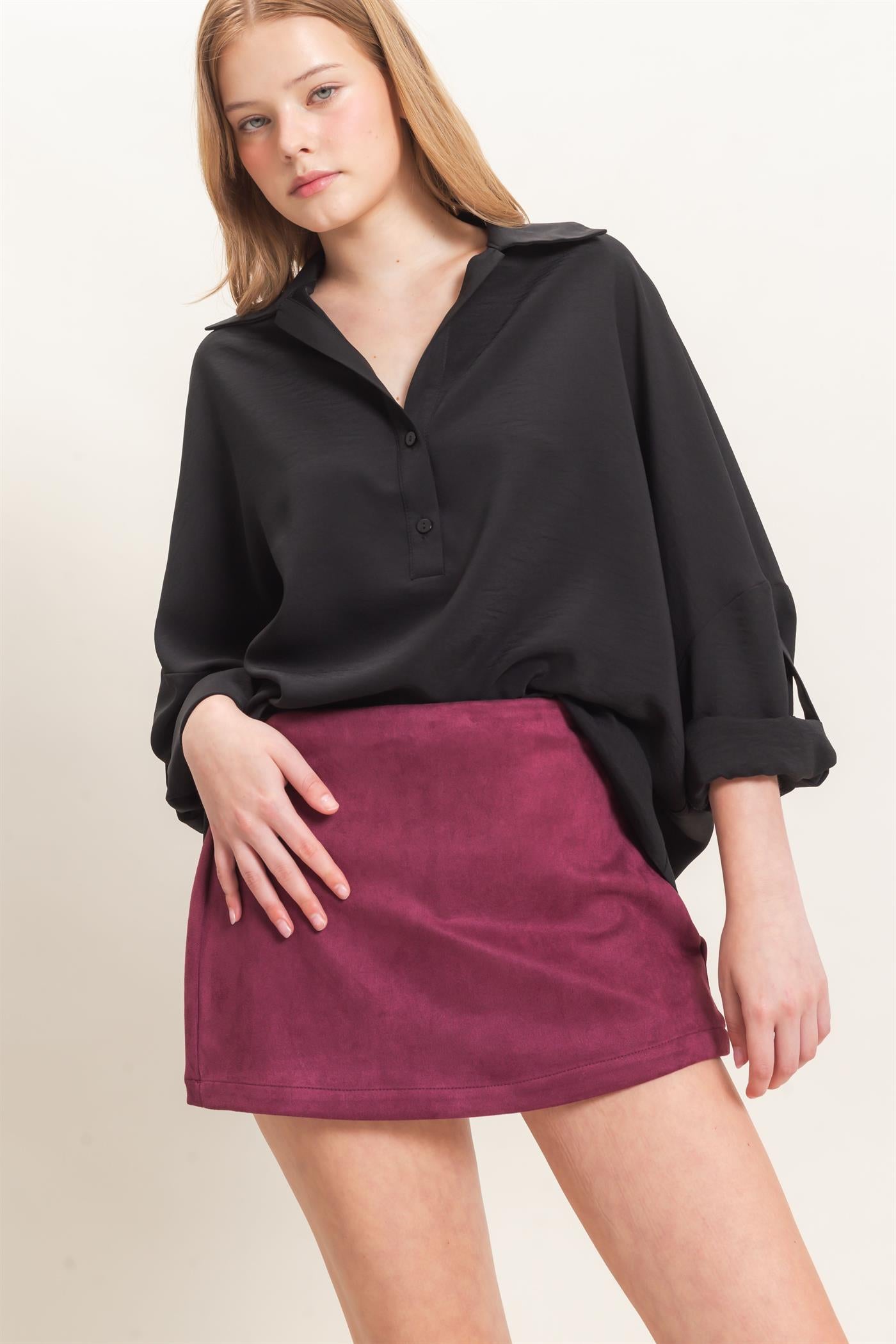 Wholesale Faux Suede Skort Skorts HF26F220 BURGUNDY HYFVE