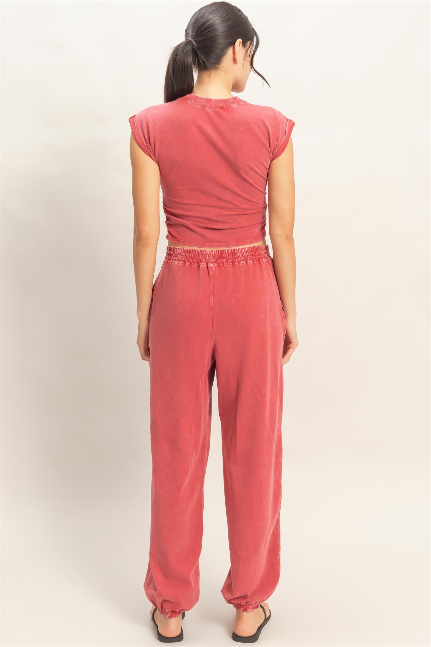 Wholesale Rolled Sleeve Wrap-Front Crop Top And Jogger Set Clothing DZ26A172-SET DARK RED DOUBLE ZERO