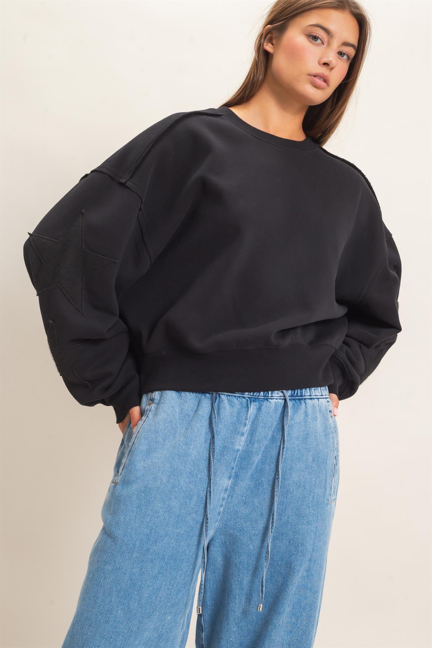 Wholesale Star Patch Sleeve Sweatshirt Sweatshirts DZ26E888 BLACK DOUBLE ZERO