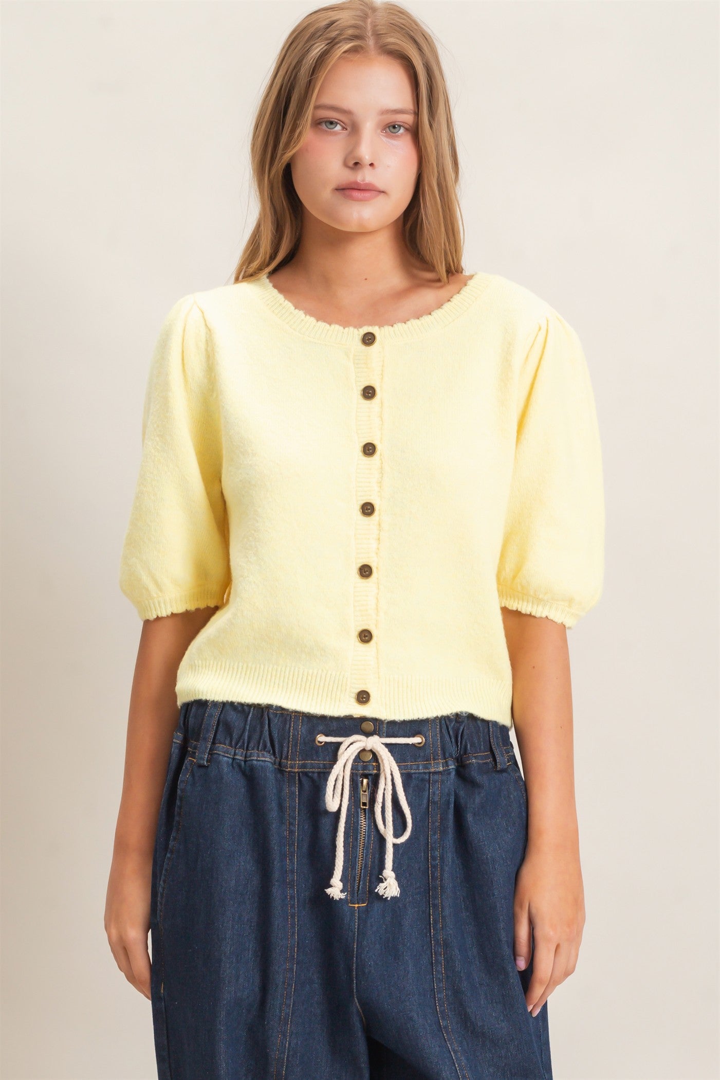 Wholesale Button-Up Puff Sleeve Sweater Cardigan Cardigans HF26E165 PALE YELLOW HYFVE