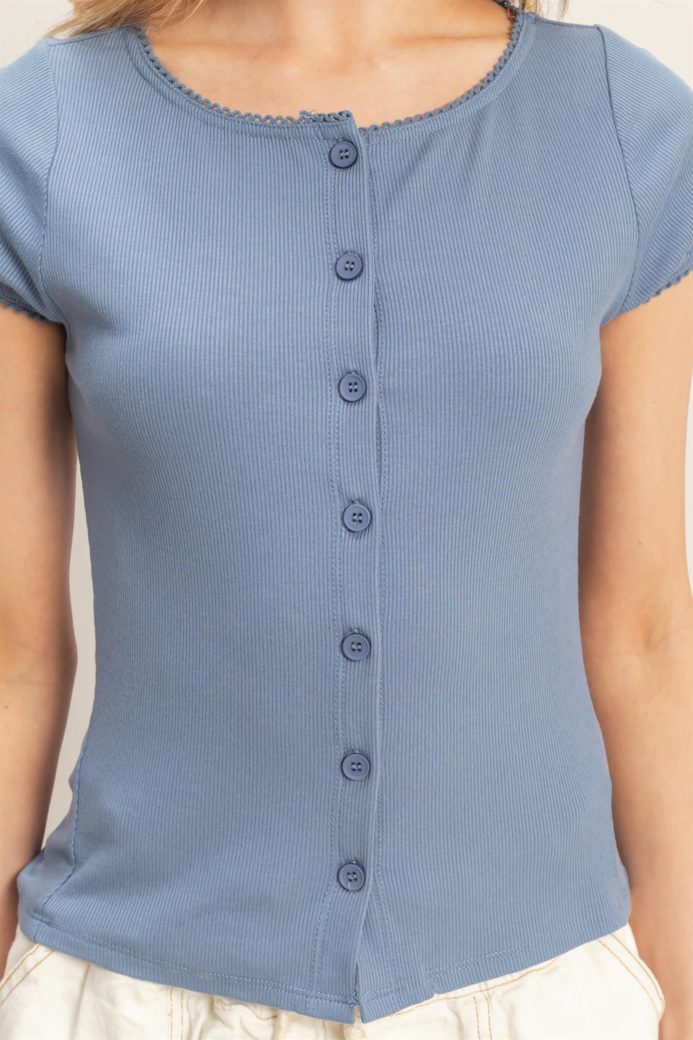 Wholesale Scalloped Button Front Top Clothing Tops HF26C607 DENIM BLUE HYFVE