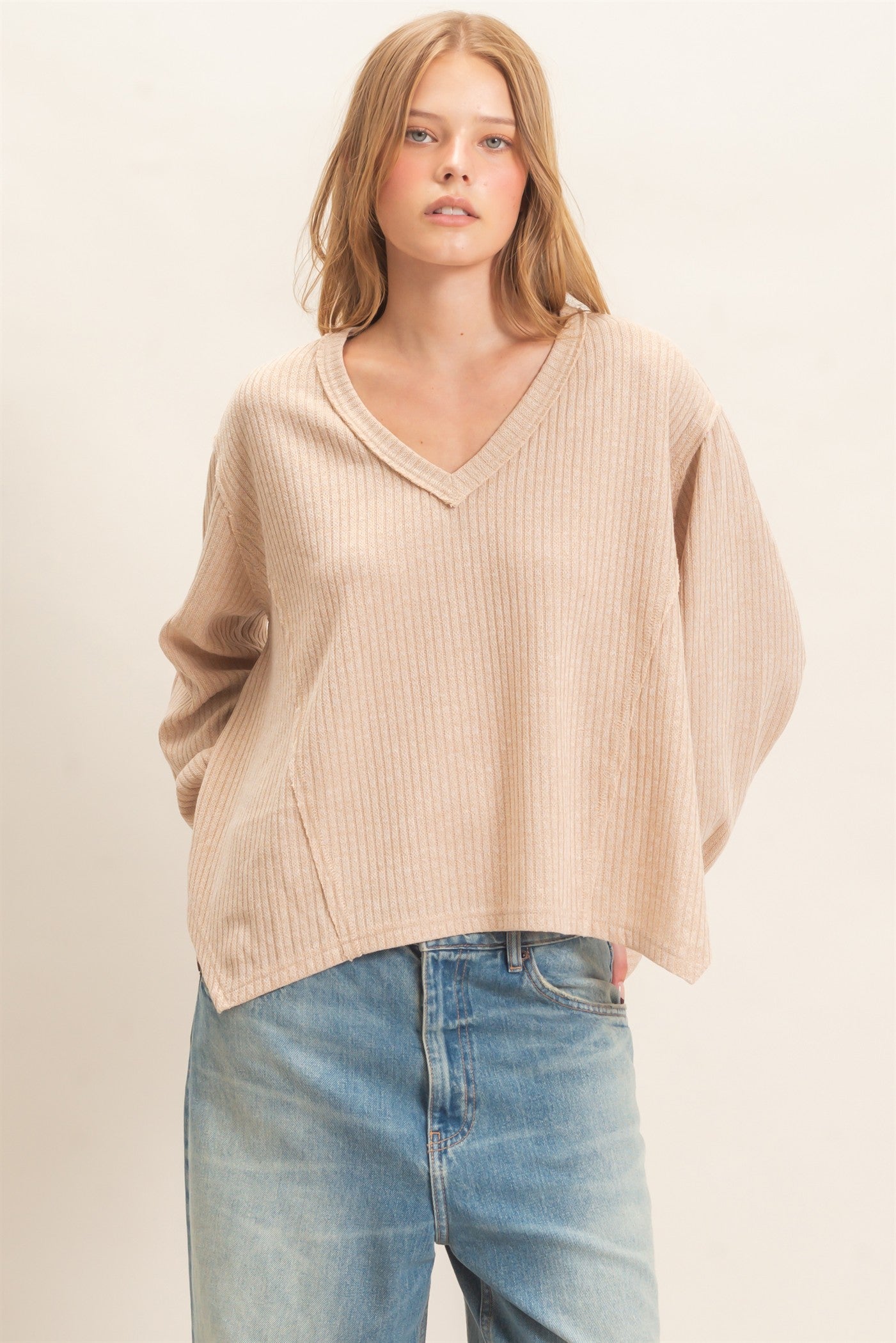 Wholesale Ribbed V-Neck Knit Top Shirts HF26F351 BEIGE HYFVE